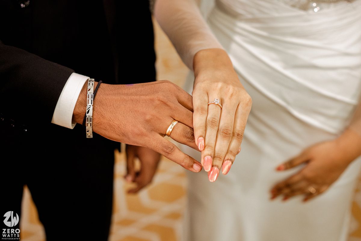 Close-up shots of hands exchanging wedding rings during a traditional marriage ceremony.