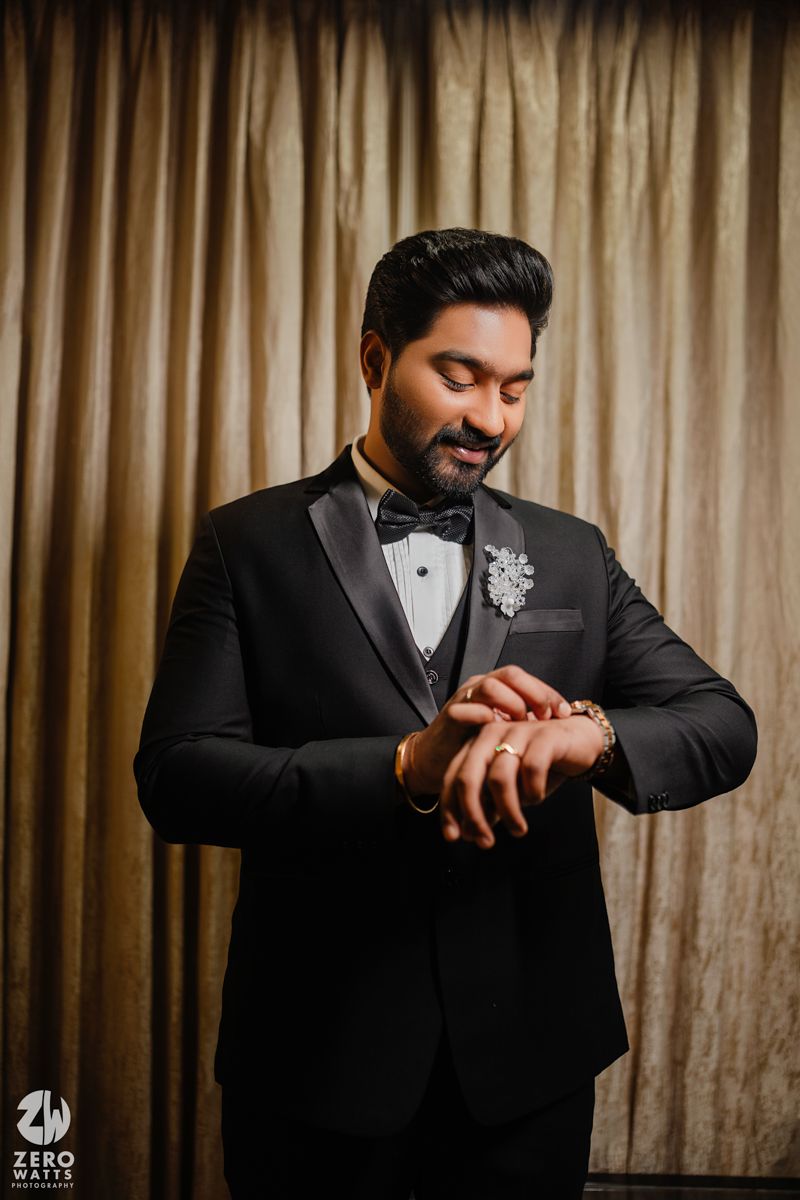 Black and white collage of groom adjusting suit and cuffs in preparation for wedding ceremony.