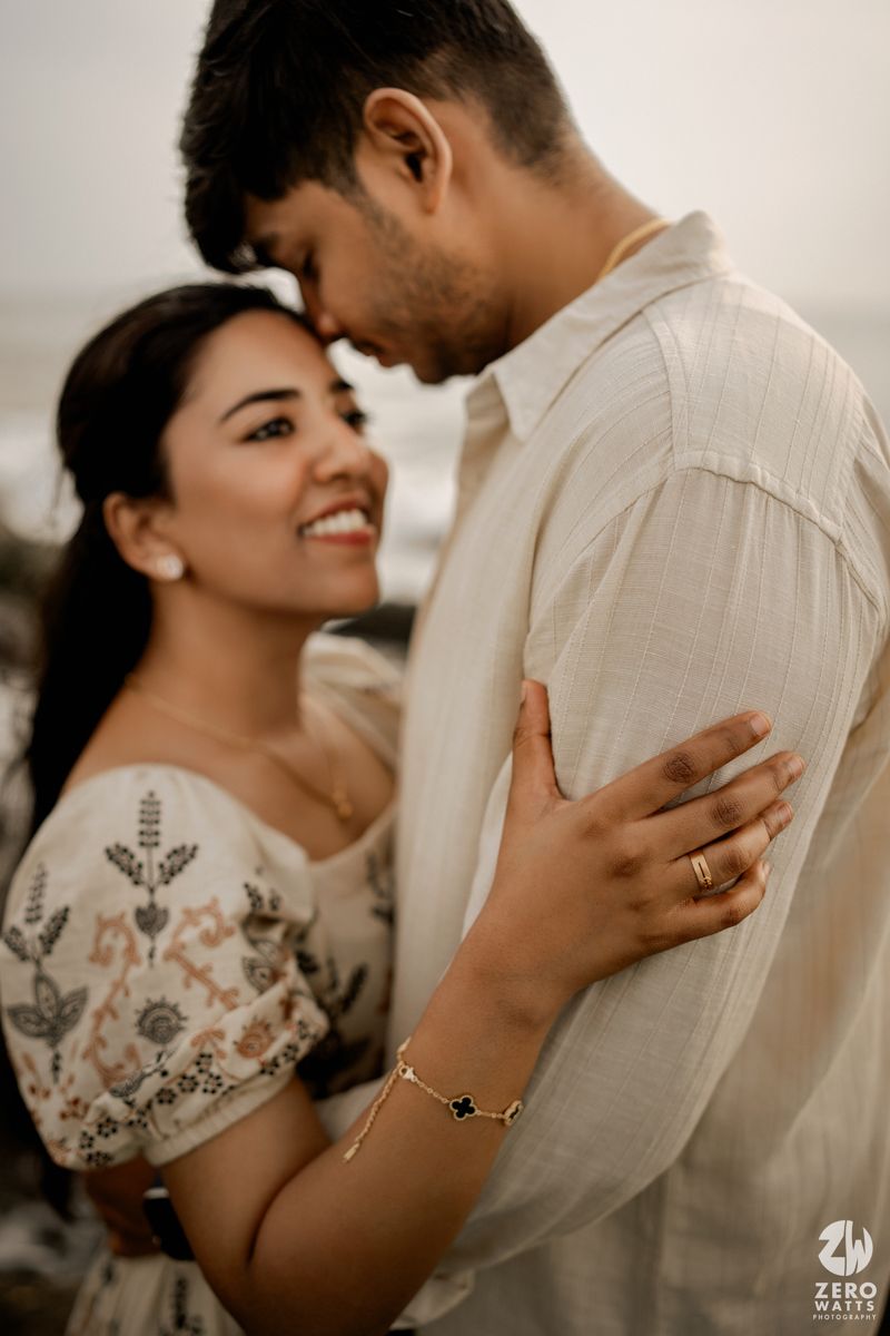Romantic couple in casual attire share intimate moments in a series of close-up photographs.