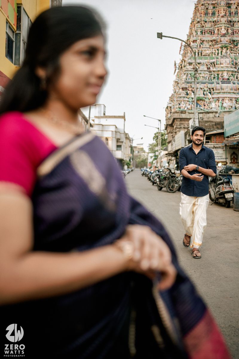 A sequence of street photos showing a person in a navy sari walking past while someone follows behind in urban India.