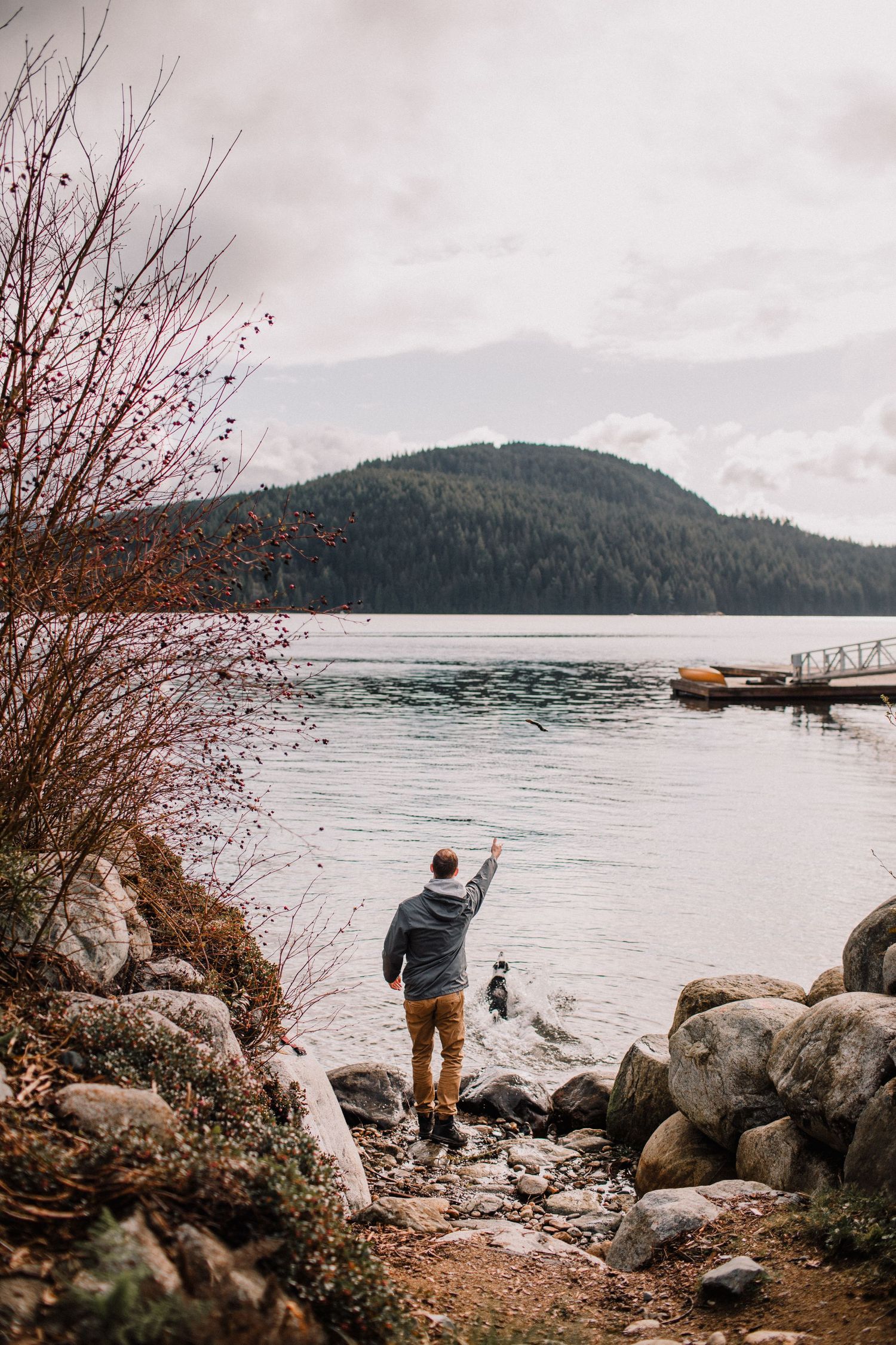 Image of a man throwing a stick in the water for his dog. The dog is jumping in the water chasing the stick,