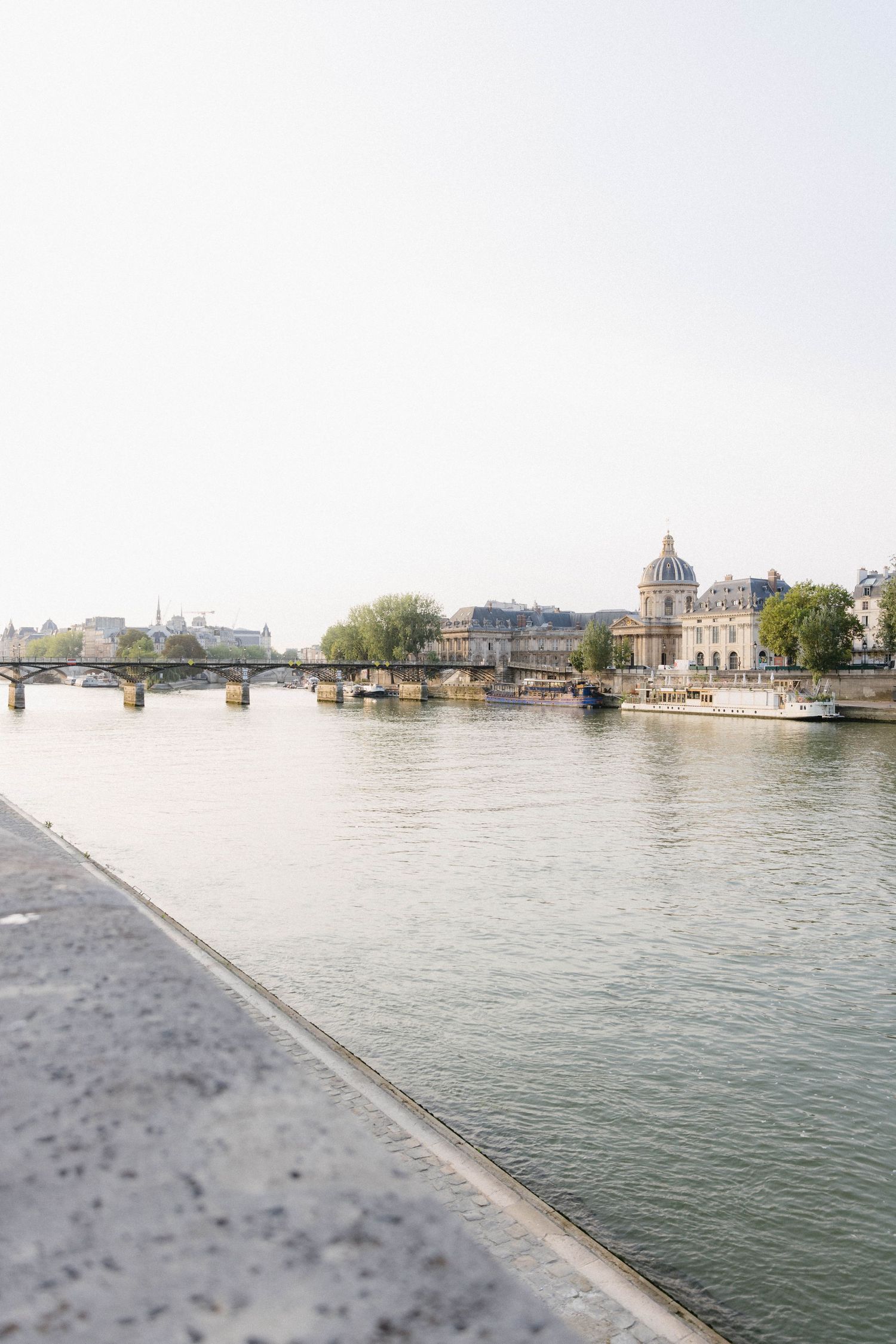 A panoramic view of the Seine River in Paris with historic buildings and bridges along the riverbank.