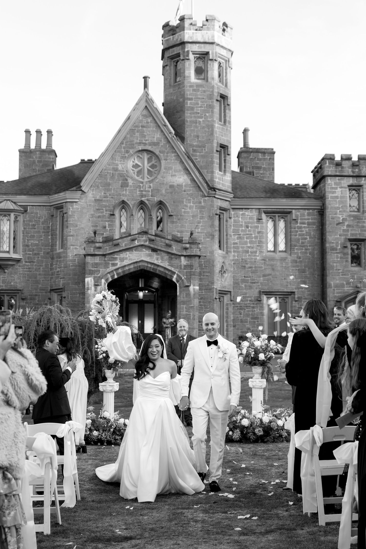 Black and white panoramic collage showing a wedding celebration outside a Gothic stone church with guests gathered.