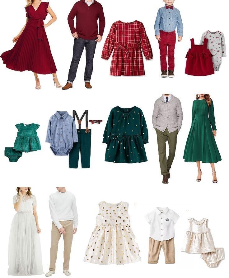Collection of coordinated holiday family outfits in red, green, and white featuring dresses, suits, and casual wear.