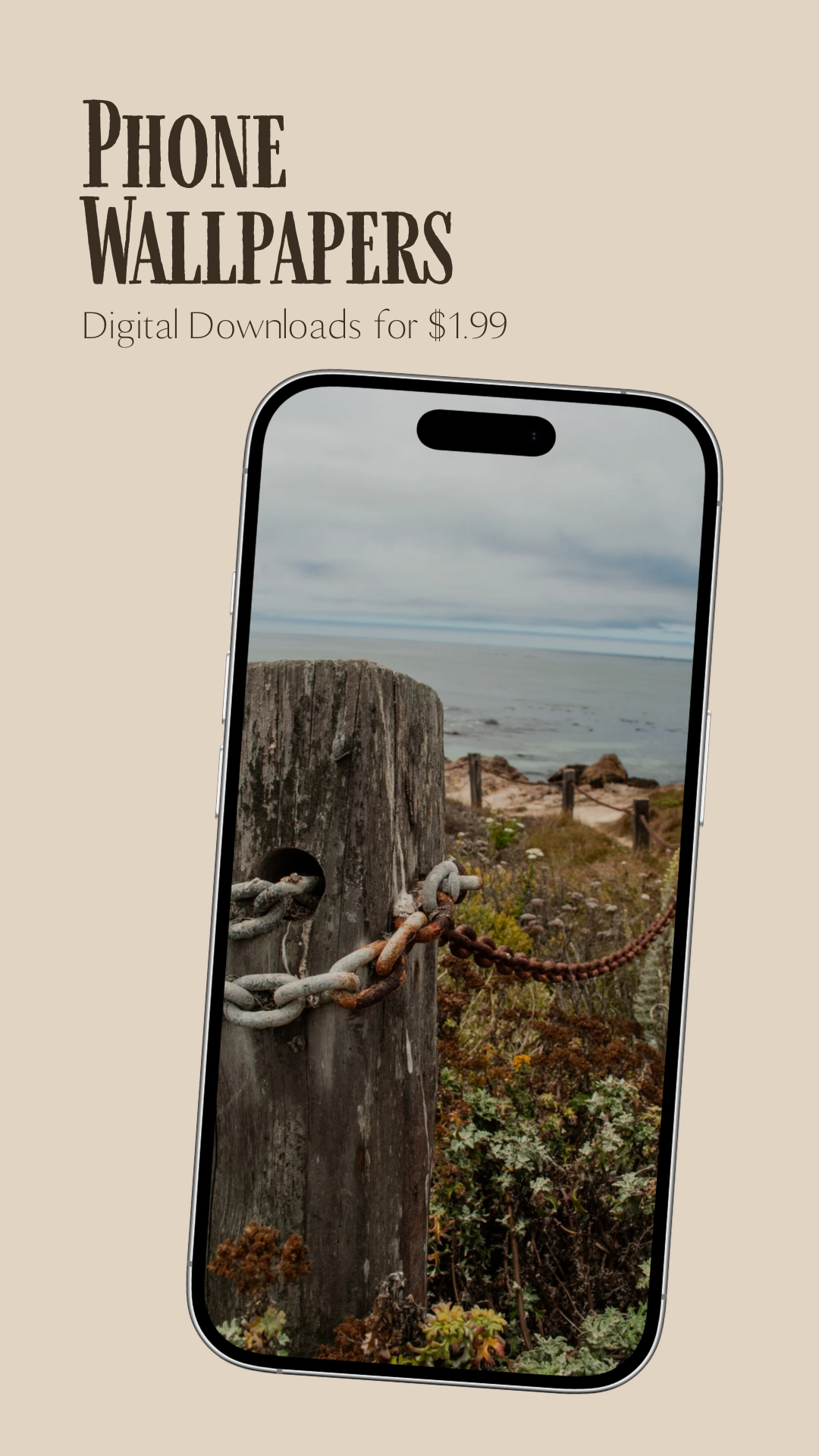 Weathered wooden fence post with rusty metal hardware against a coastal landscape with wildflowers and ocean view.