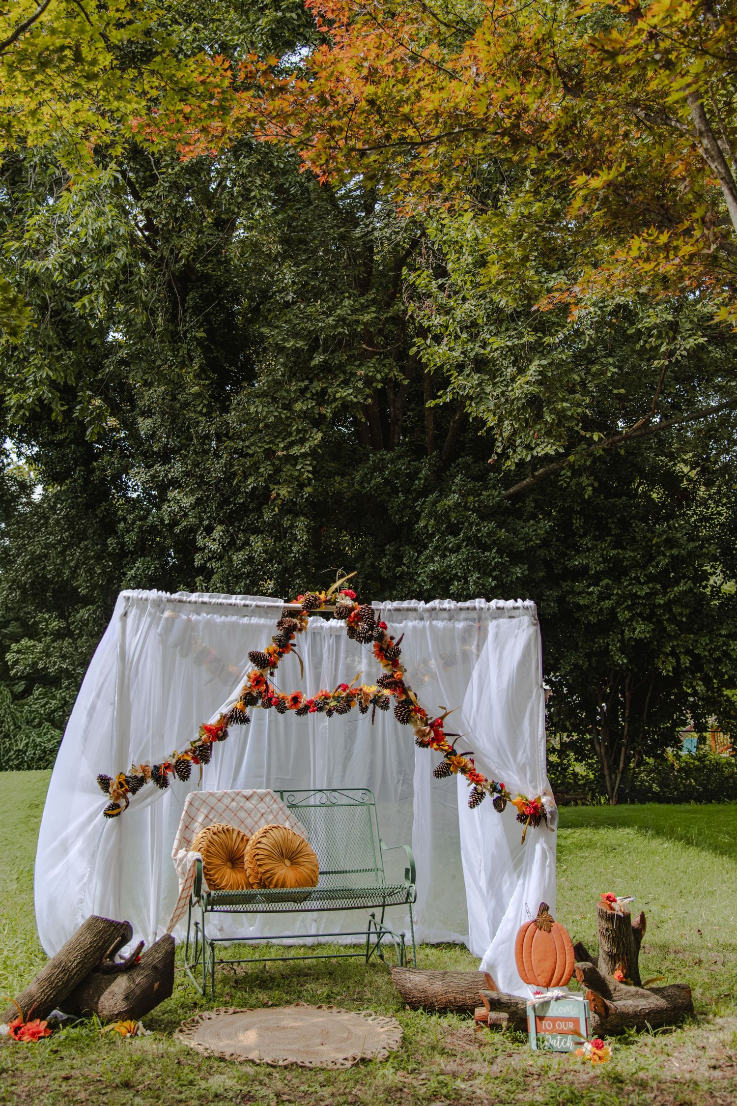 White fabric backdrop decorated with autumn leaves and pumpkins set up outdoors for fall photography sessions.