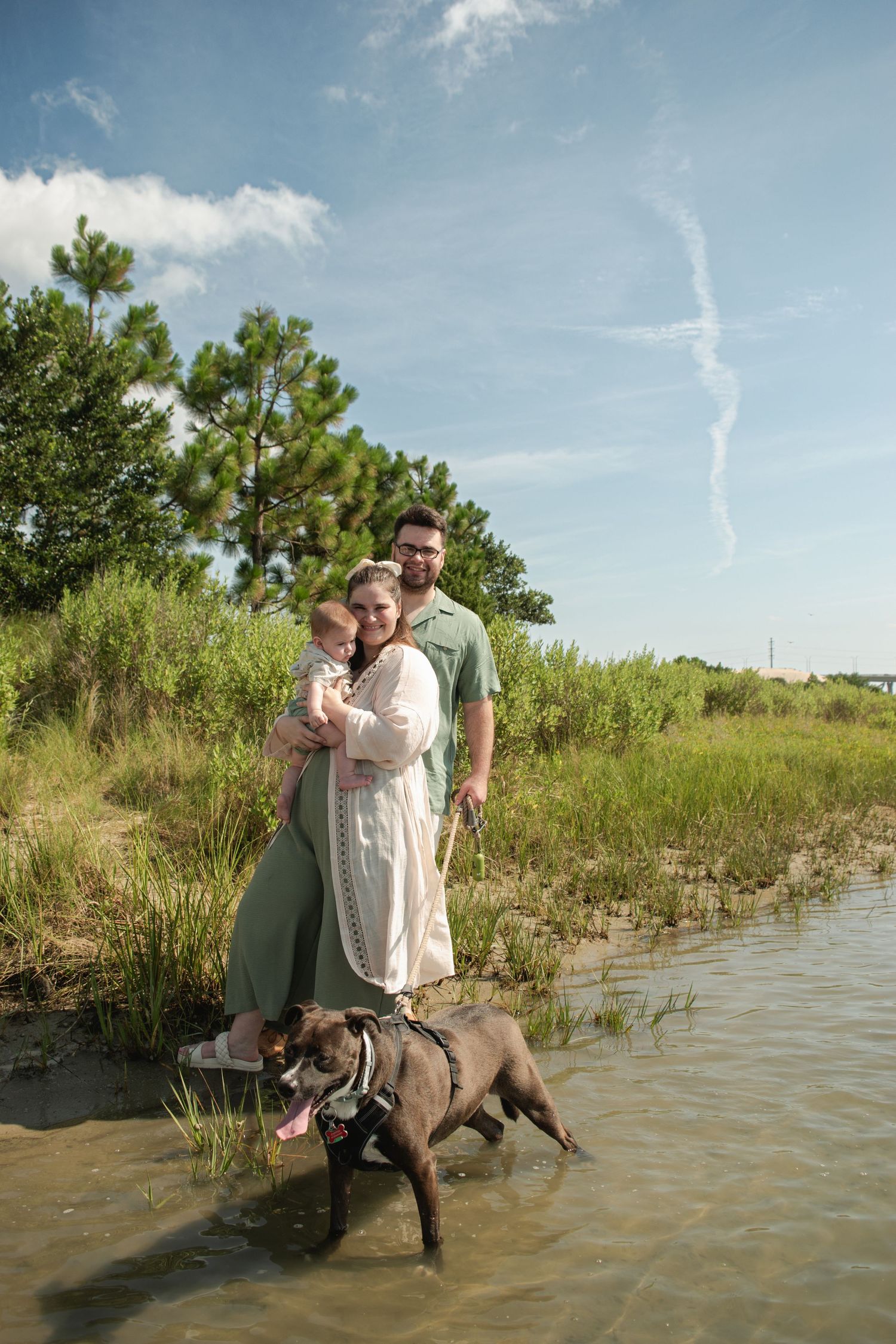 Young family with infant and brown dog standing in shallow coastal water surrounded by green marsh grass.