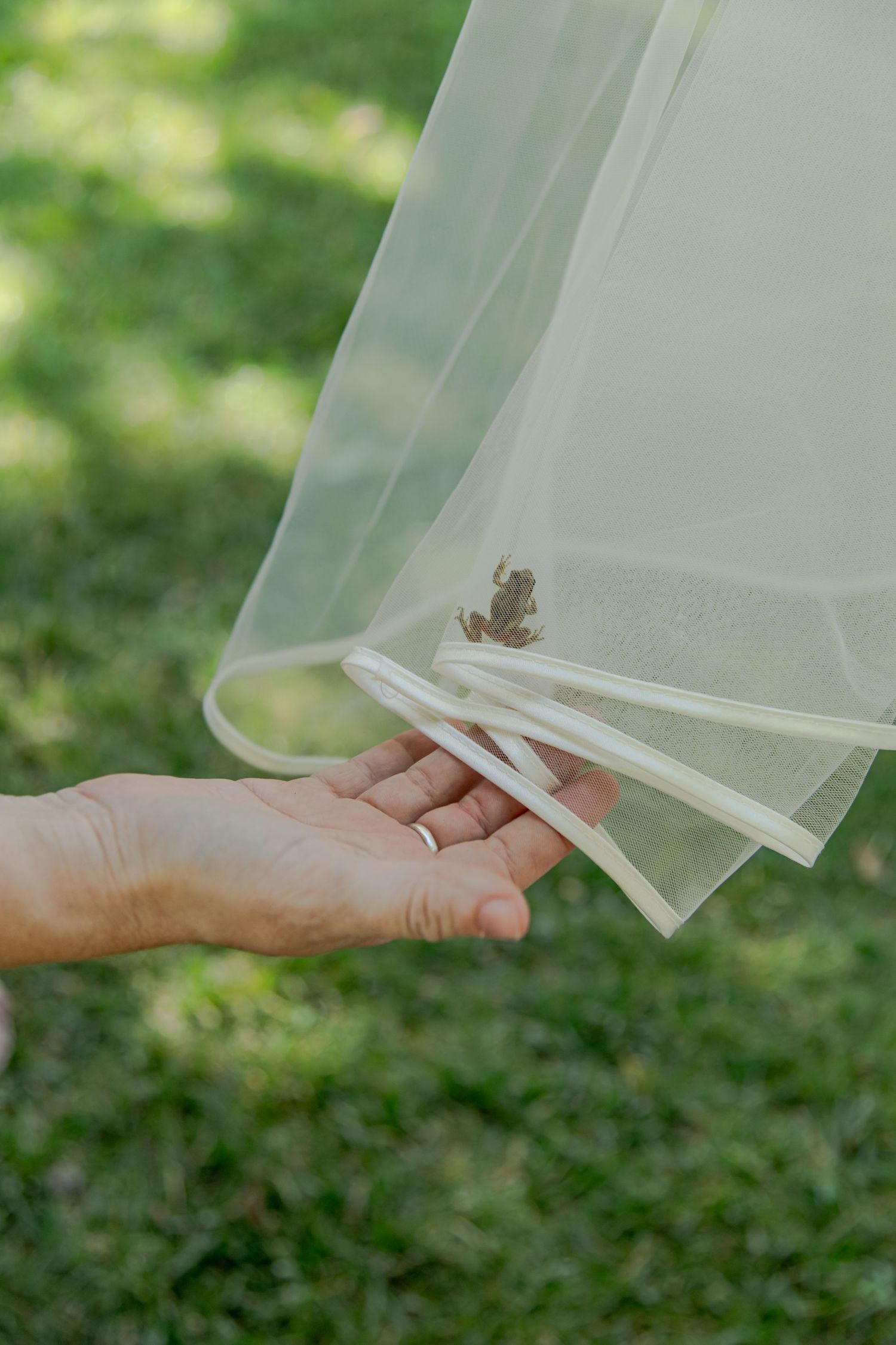A small frog clinging to a sheer white veil held by a hand outdoors on green grass.