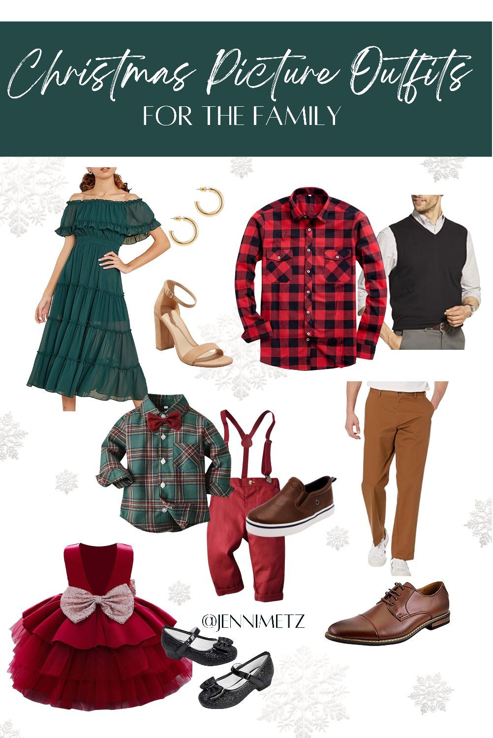 Holiday family outfit inspiration featuring coordinated red, green, and plaid clothing with dress shoes and accessories.