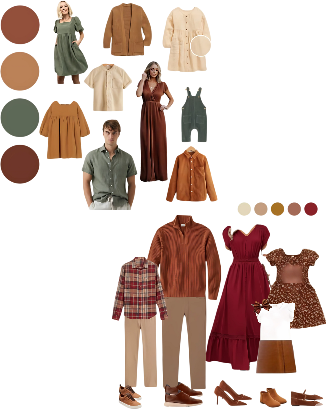 Fashion color palette moodboard with coordinating fall and winter clothing items in rust, burgundy, olive and cream tones.