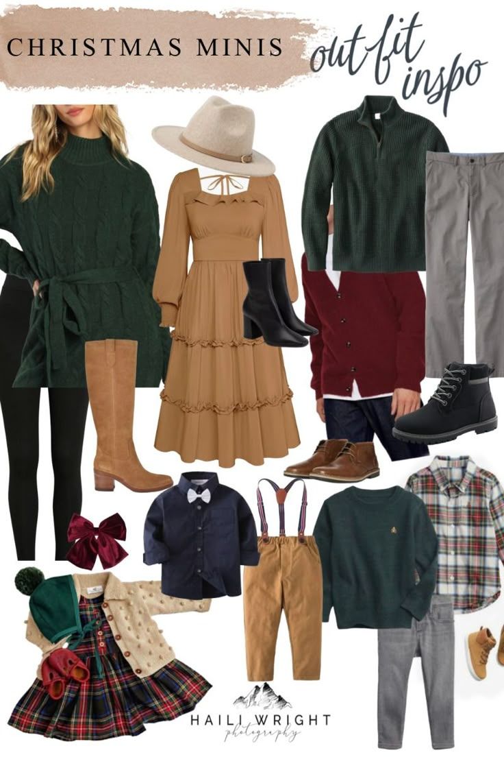 Holiday family outfit coordination guide featuring green, burgundy, navy and tan clothing pieces for festive photos.