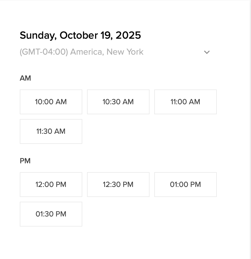Time slots shown on a calendar interface with intervals from 10:00 AM to 1:00 PM for Sunday, October 19, 2025.