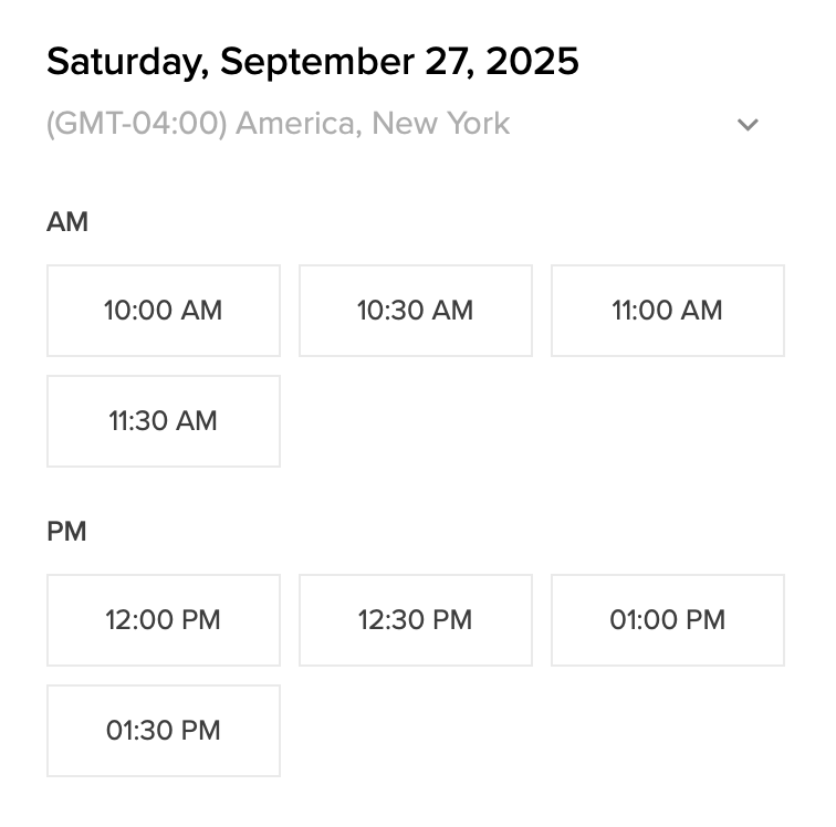 A calendar showing times and slots for Saturday, September 27, 2025 with AM and PM markings.