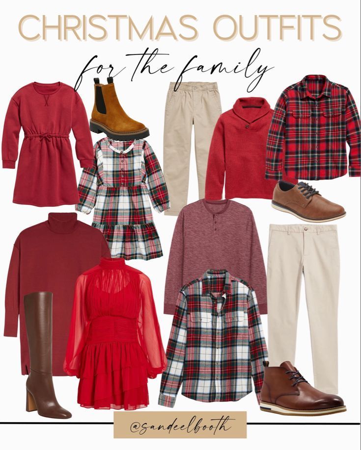 Holiday fashion collage featuring red sweaters, plaid shirts, brown boots and coordinating winter outfits in festive colors.