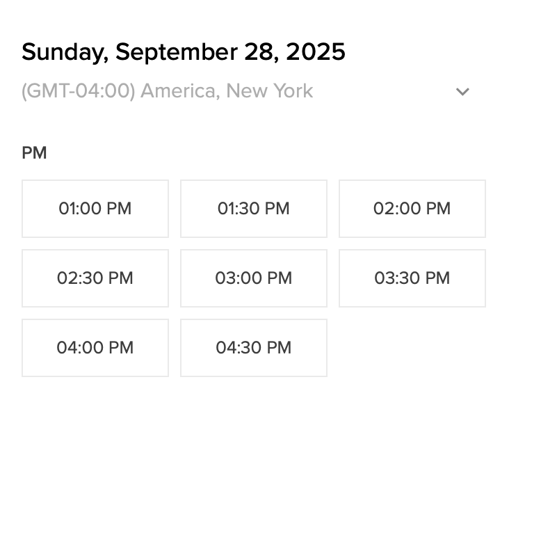 A simple digital time interface showing hour slots from 1:00 PM to 4:30 PM on Sunday, September 28, 2023.