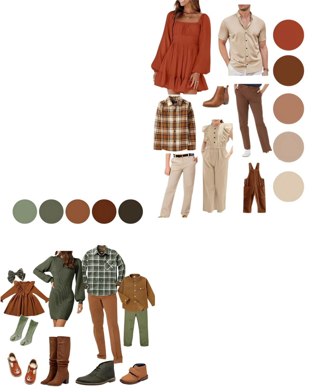 Fashion mood board showing coordinated autumn outfits in rust, brown and beige earth tones with plaid patterns.