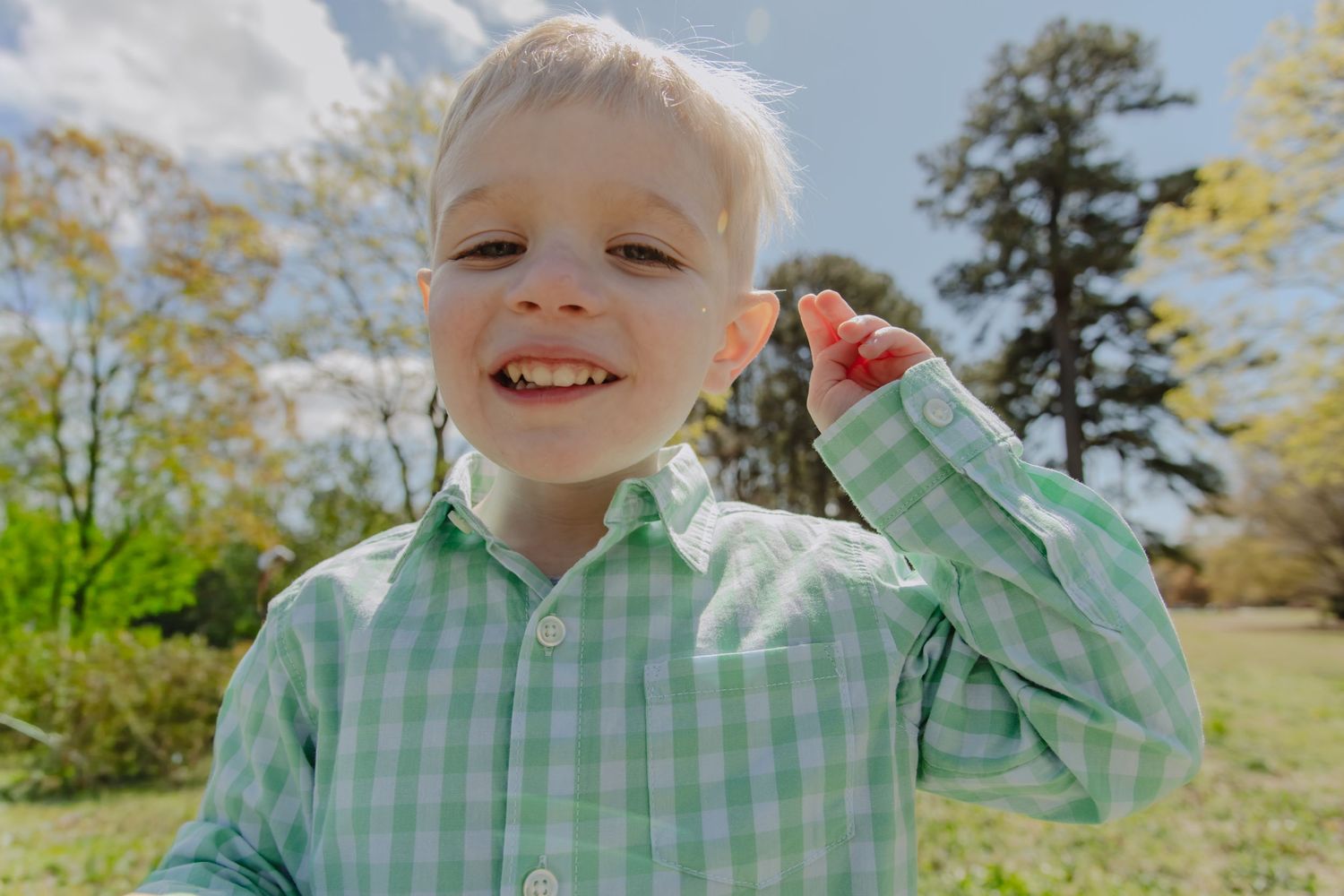 Smiling young boy in green gingham shirt posing outdoors in a sunny park with trees in the background.
