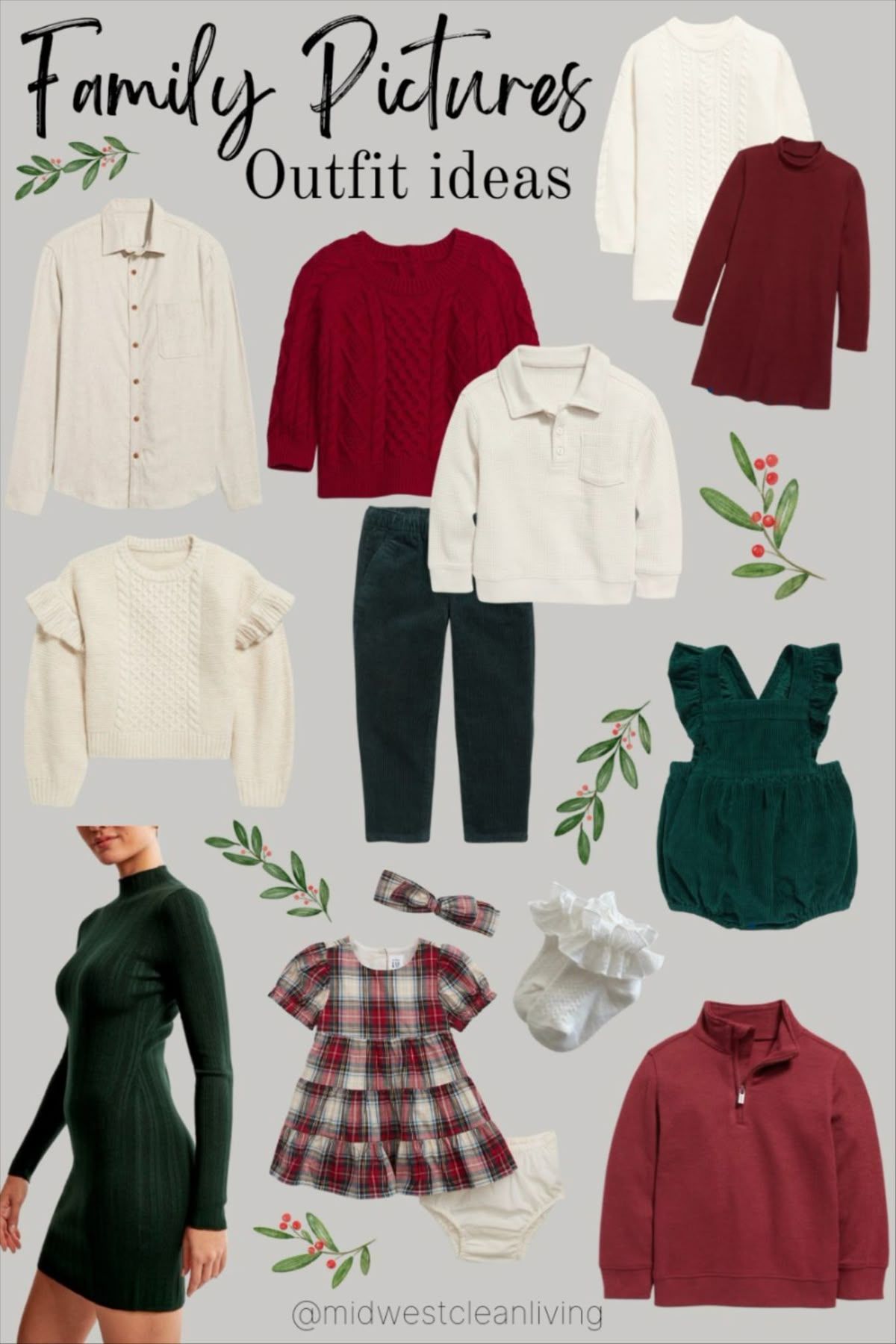 Holiday family photo outfit inspiration featuring coordinating burgundy, white and forest green clothing combinations.