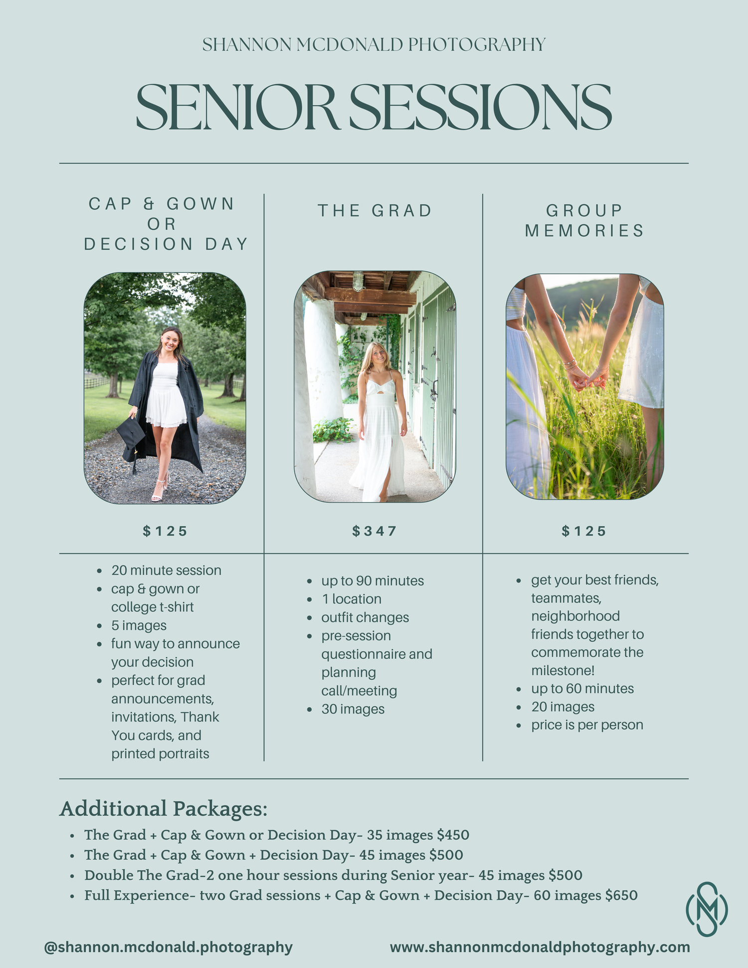 Photography pricing guide showing senior portrait session packages and add-ons with elegant grey and white design layout.