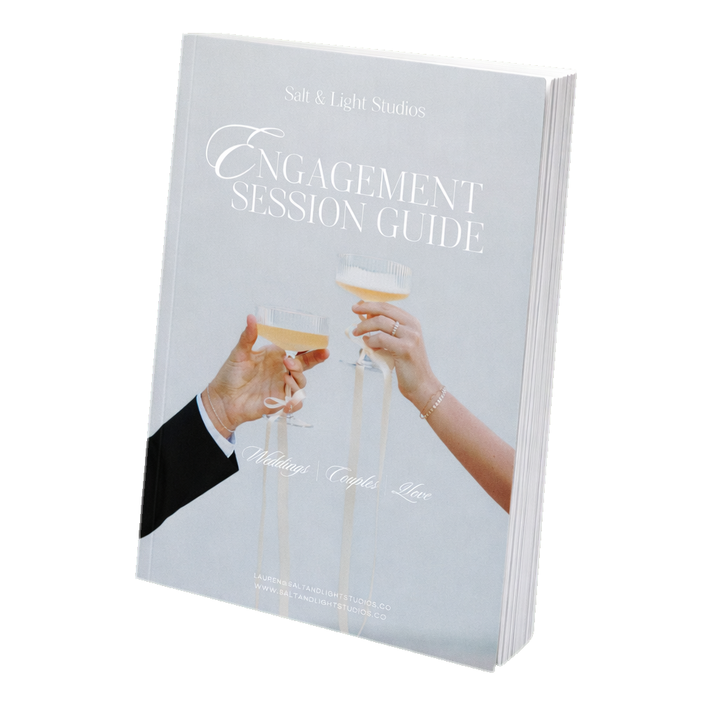 Three white hardcover books titled 'Engagement Session Guide' shown at different angles against a light background.