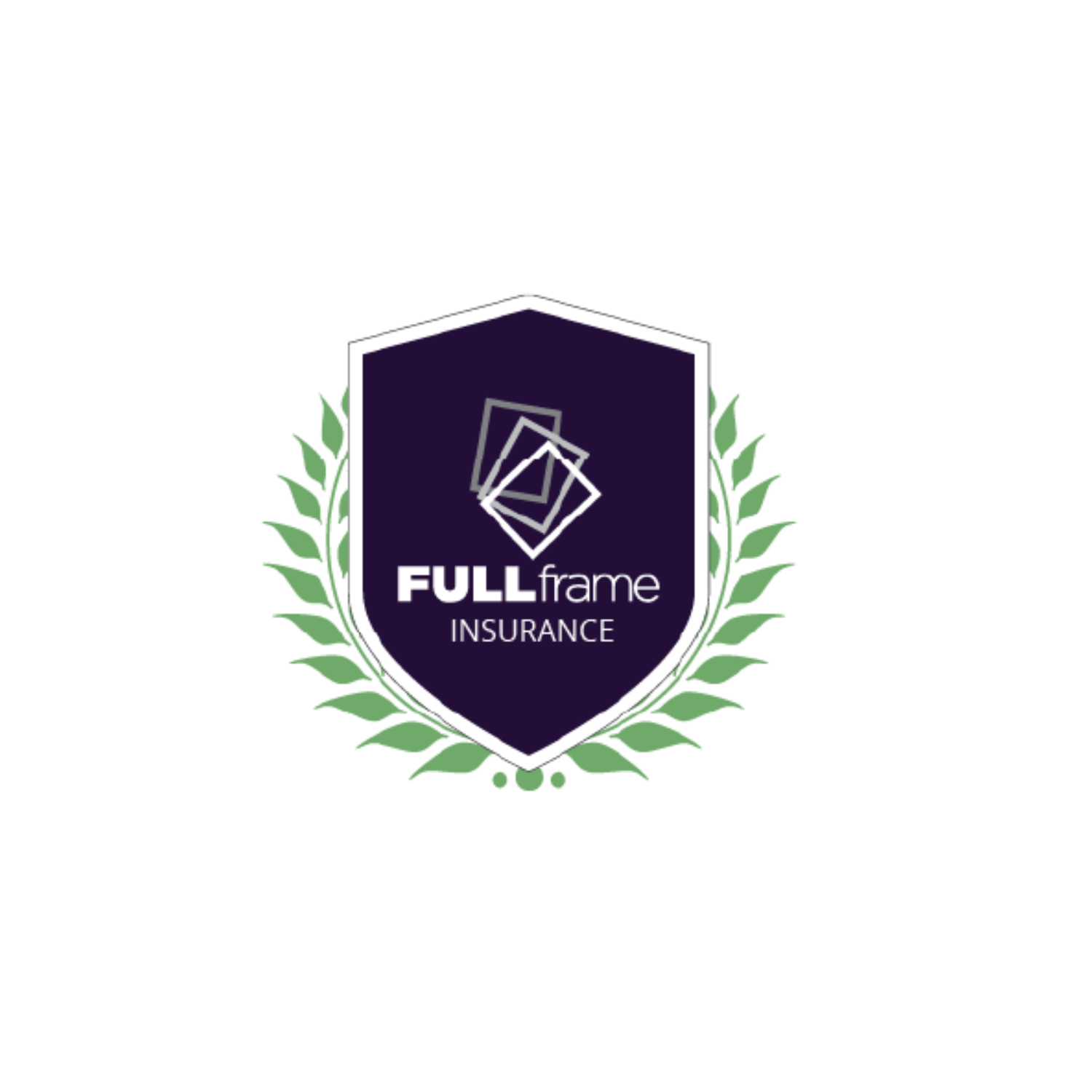 Purple shield-shaped insurance company logo with green laurel wreath design.