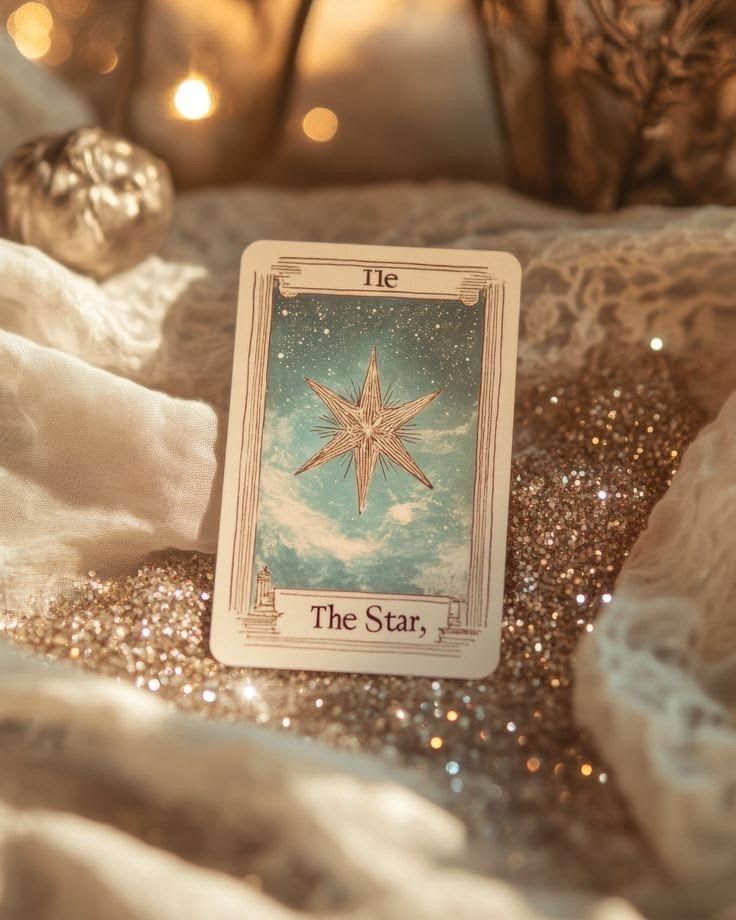 A tarot card The Star resting on glittery gold surface surrounded by soft white fabric and warm bokeh lights.