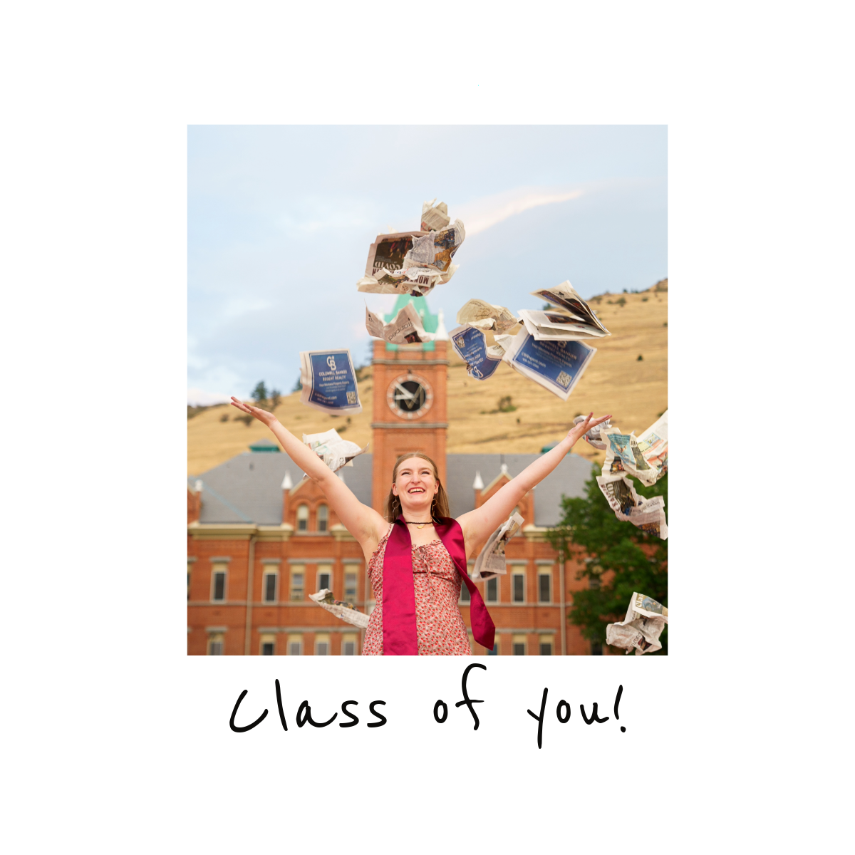 A graduate joyfully throws books in the air with a polaroid-style border and Class of You text overlay.