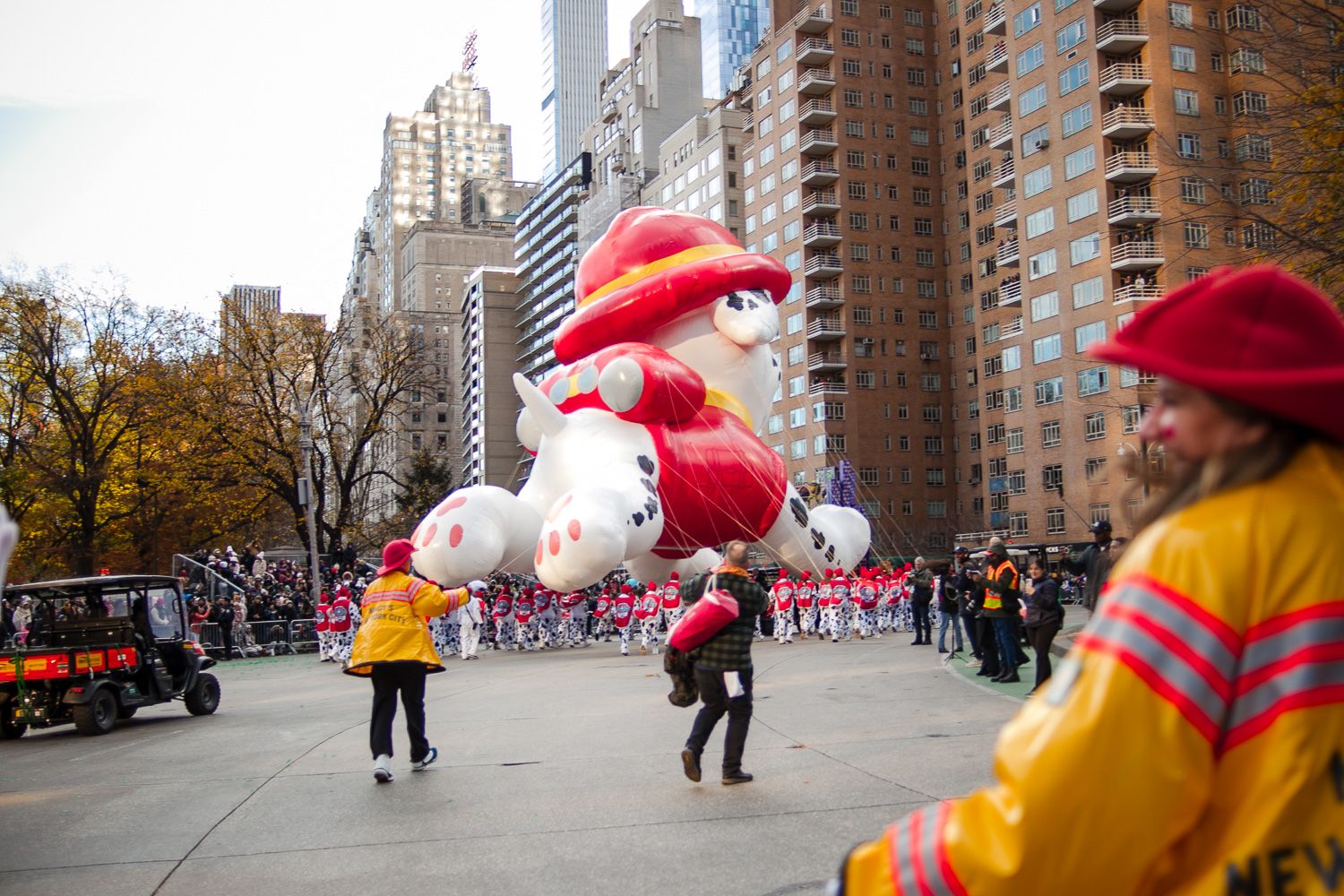 Colorful parade float moving through Midtown New York City. during Macy's thanksgiving day parade.