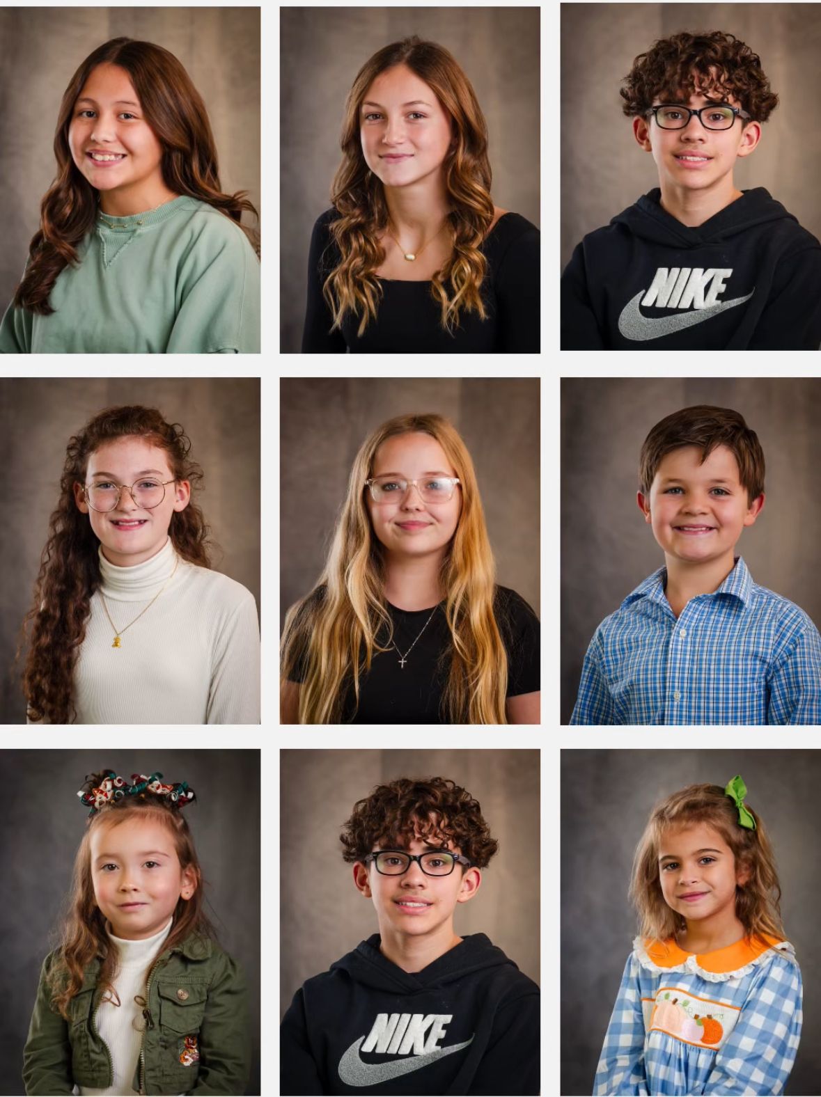 School portrait photo collection showing students in casual attire against a neutral studio background.
