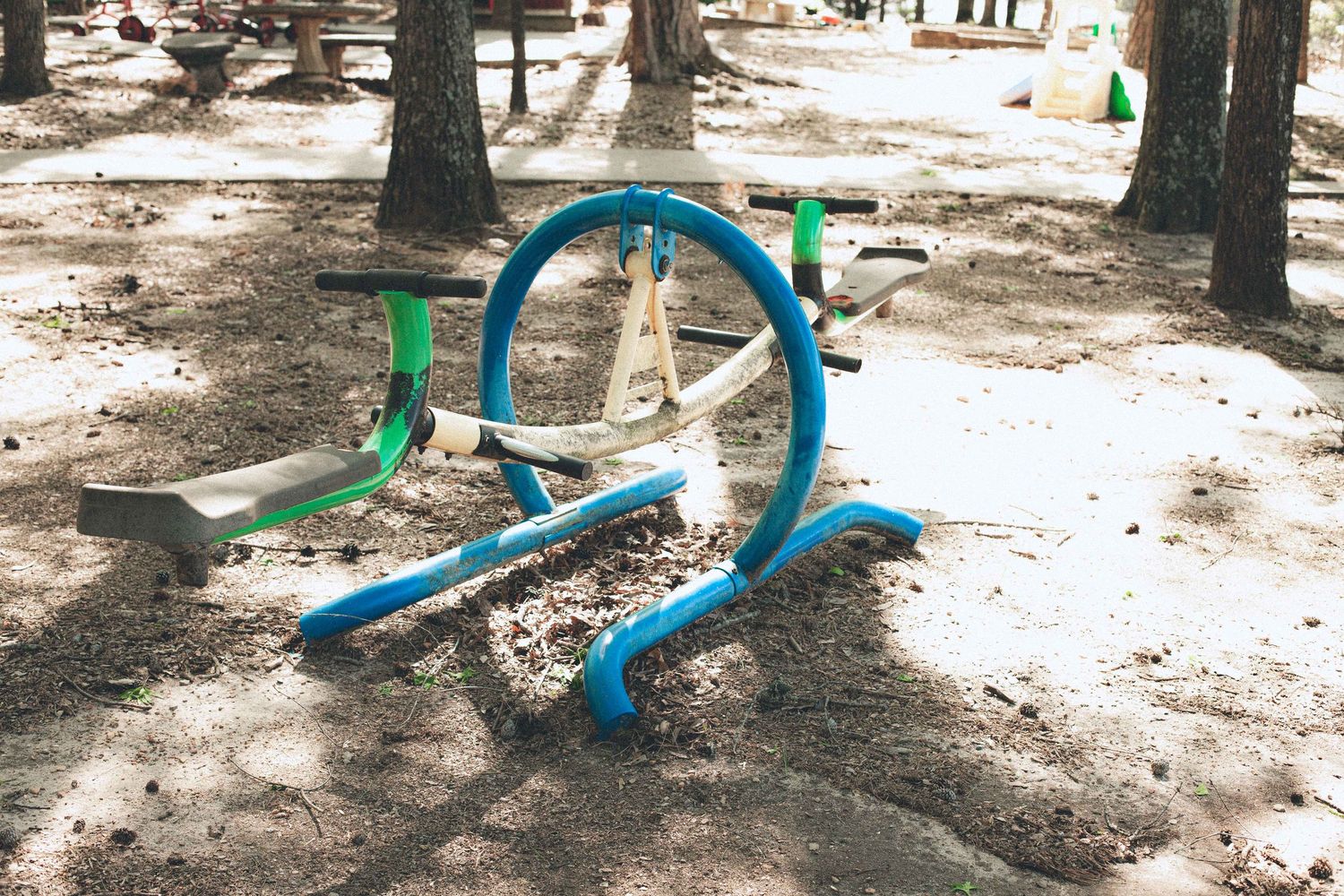 Colorful teeter-totters arranged in a playground area surrounded by pine trees.