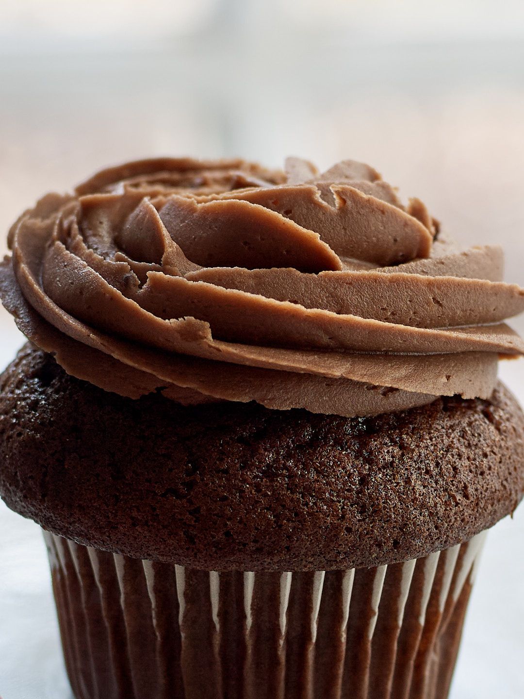 Close up view of chocolate cupcakes with swirled chocolate frosting arranged in a row showing texture and detail.