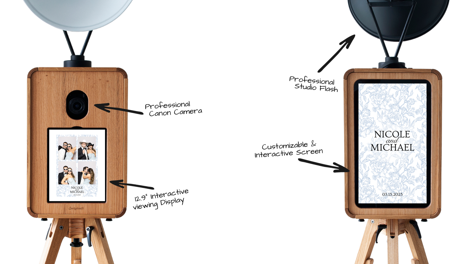 Product comparison of two photo booth models with annotated features and displays.
