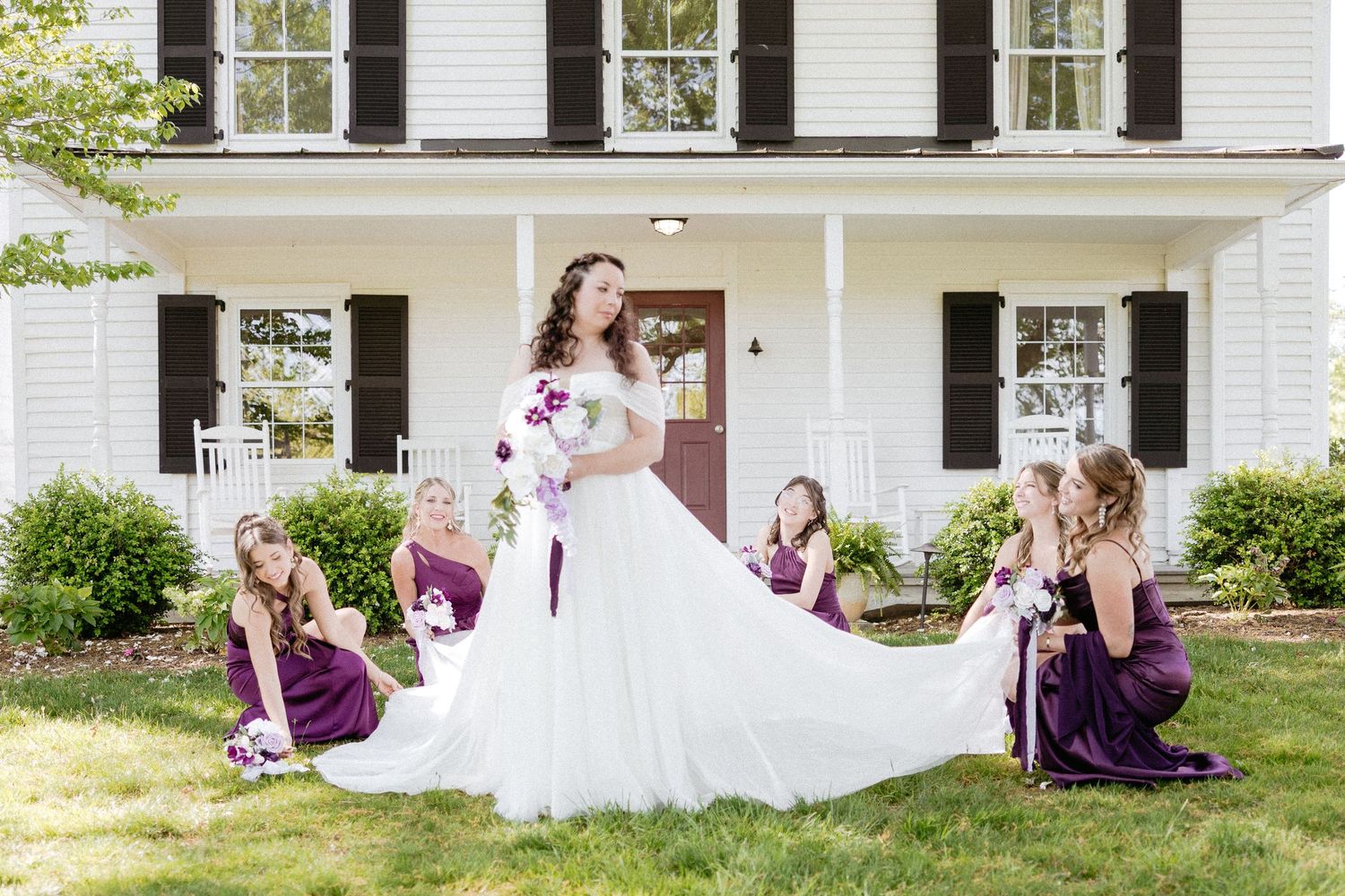 A collage of maternity and wedding photos in a garden setting with white floral displays and purple dresses.