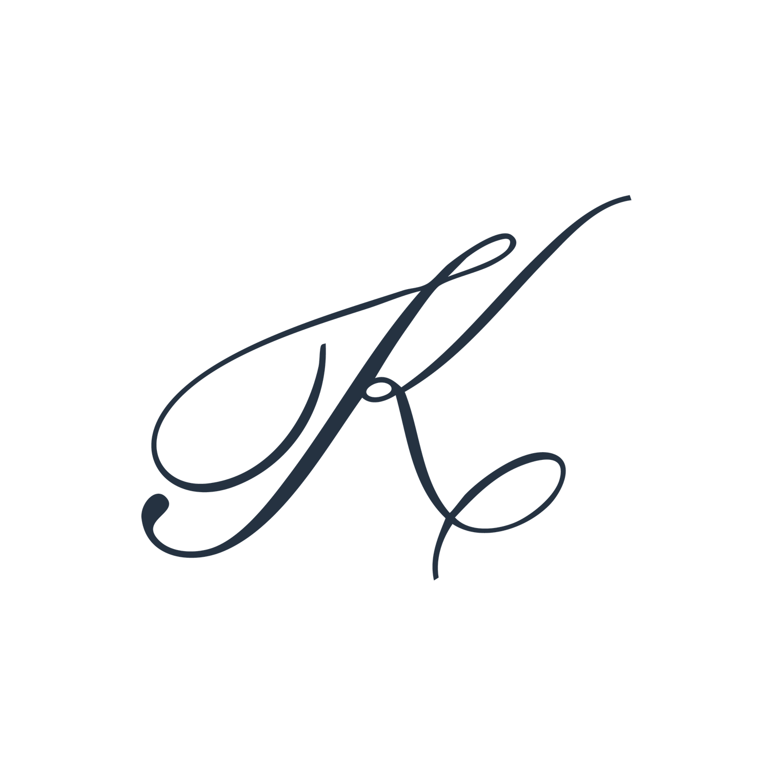 Elegant cursive capital letter K in navy blue calligraphy style with decorative flourishes.