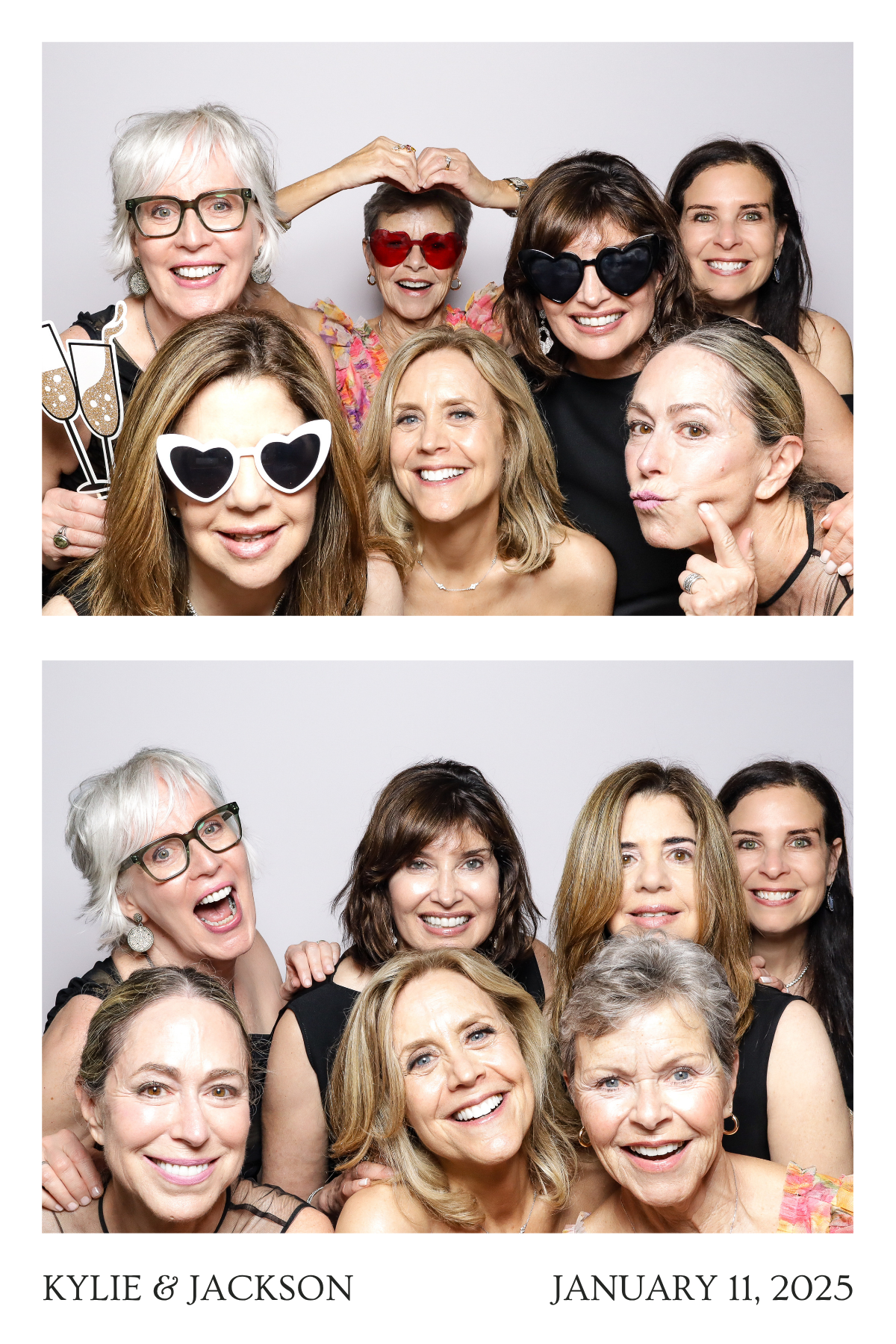 A celebratory photo booth strip showing a group of friends wearing sunglasses and making fun poses.