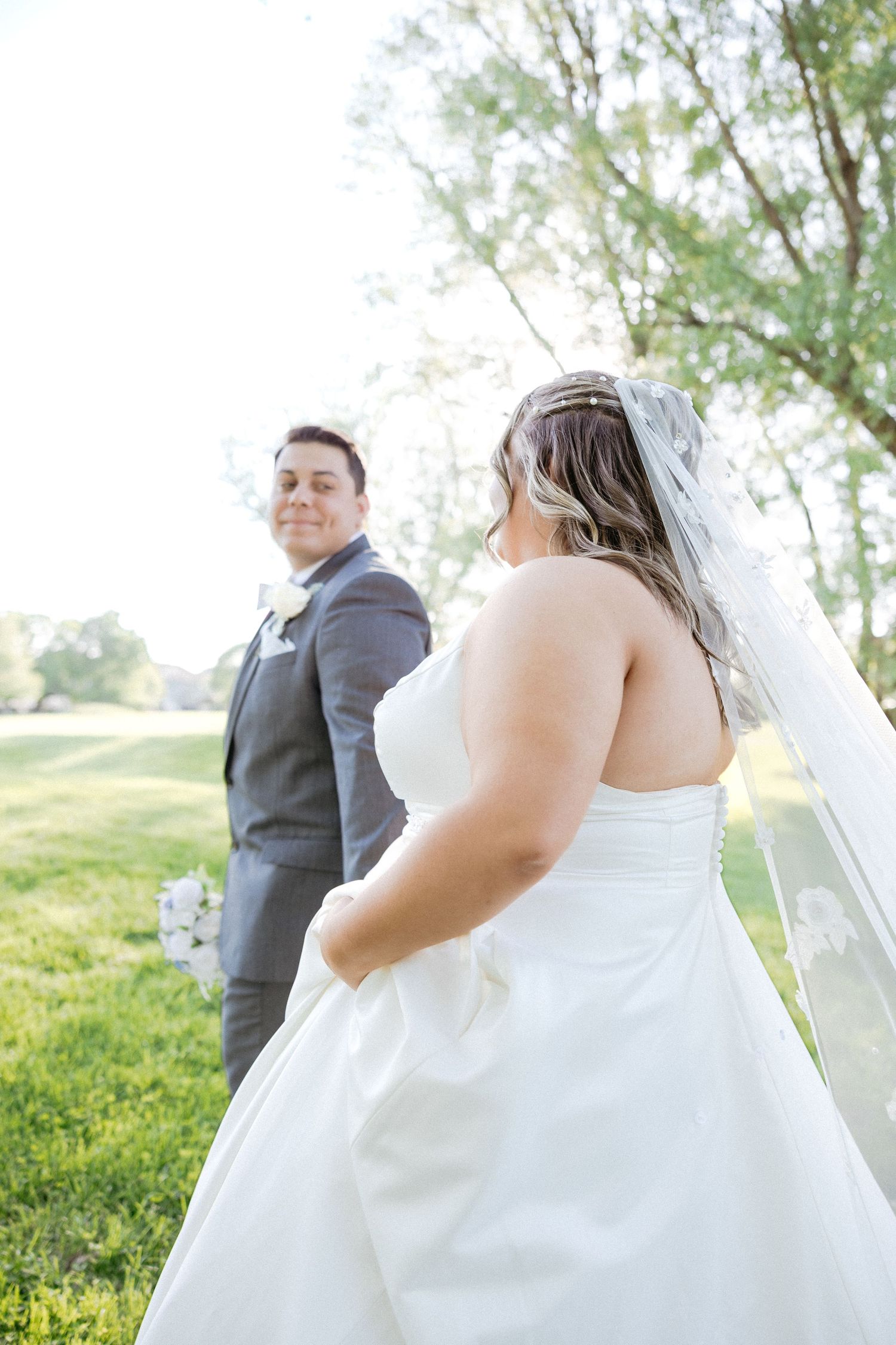 A series of wedding photos showing a bride in a white dress and groom in gray suit in a sunny outdoor setting.