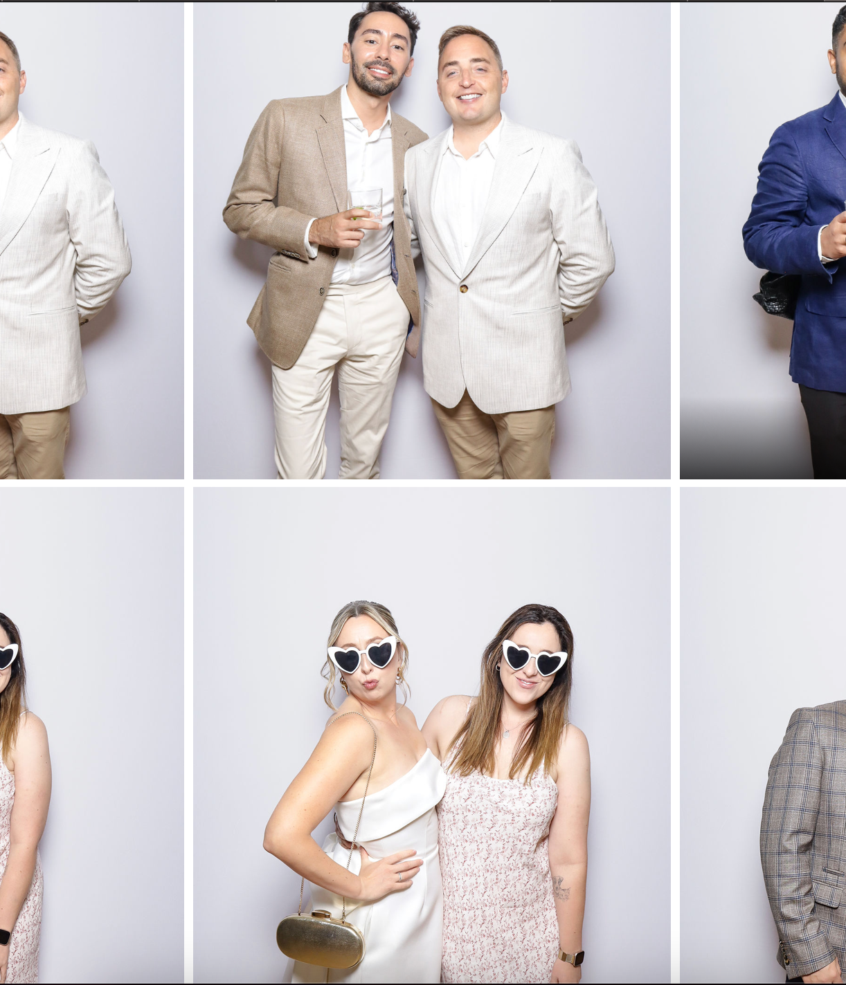 Photo booth collection showing people in formal attire posing against a white background with sunglasses and drinks.