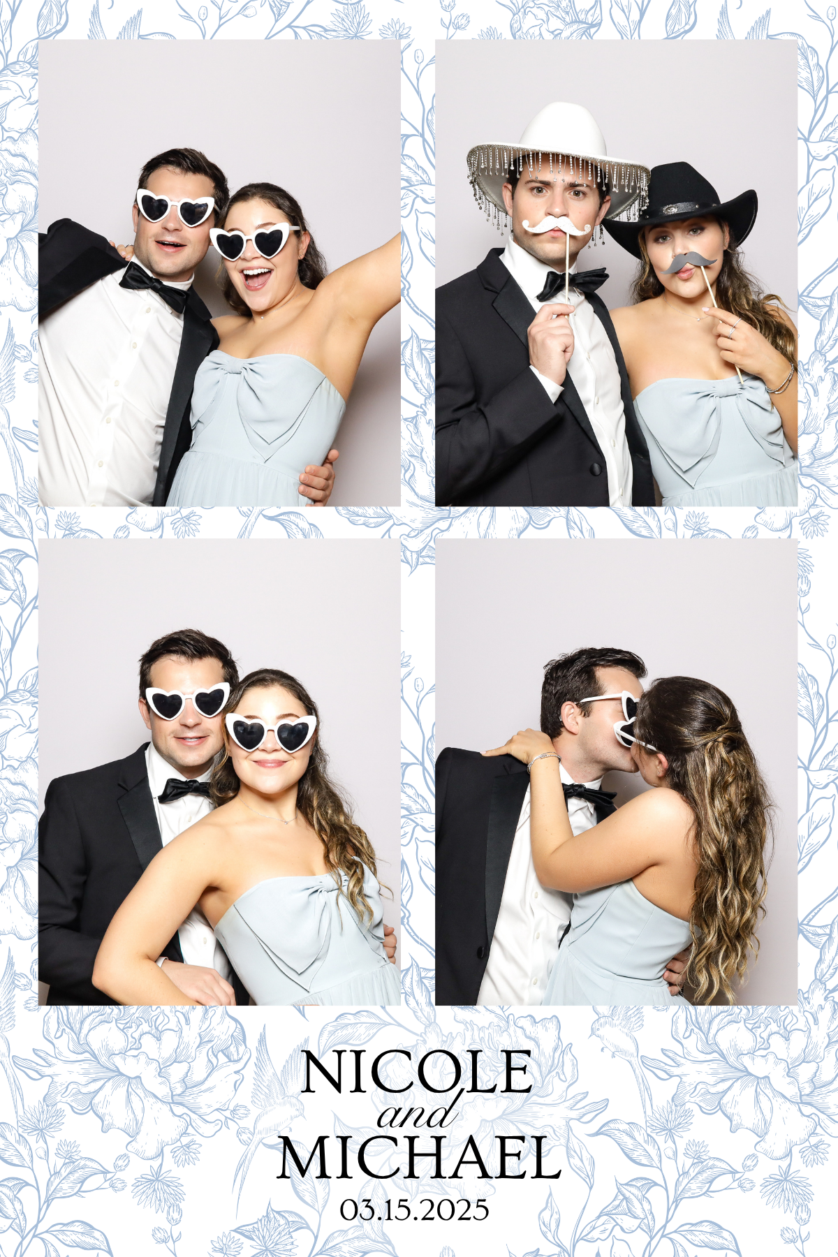 A four-panel photo booth strip showing a couple in formal attire posing playfully with props against a floral background.