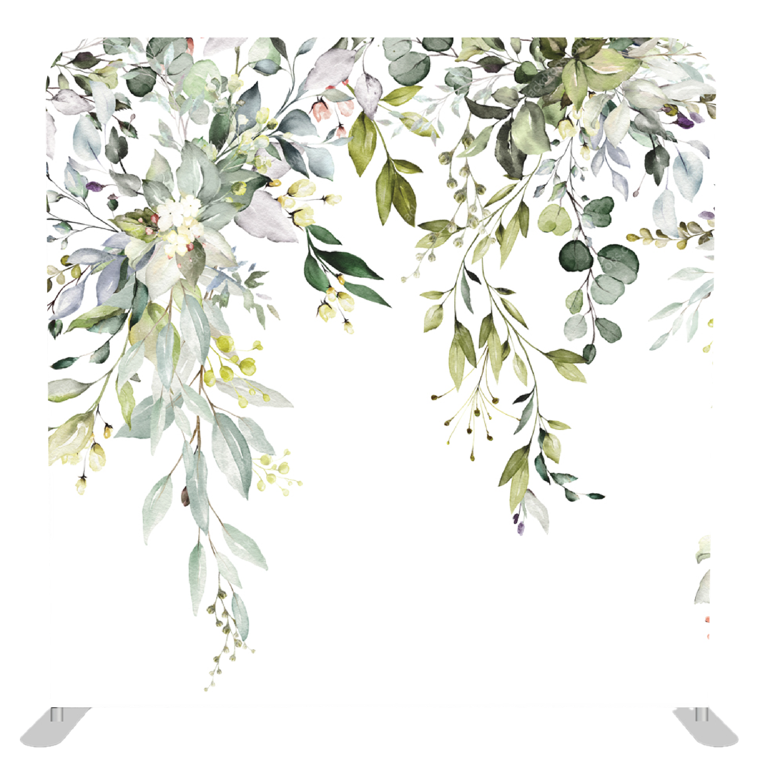 Watercolor greenery border with sage green and gray eucalyptus leaves and delicate botanical elements.