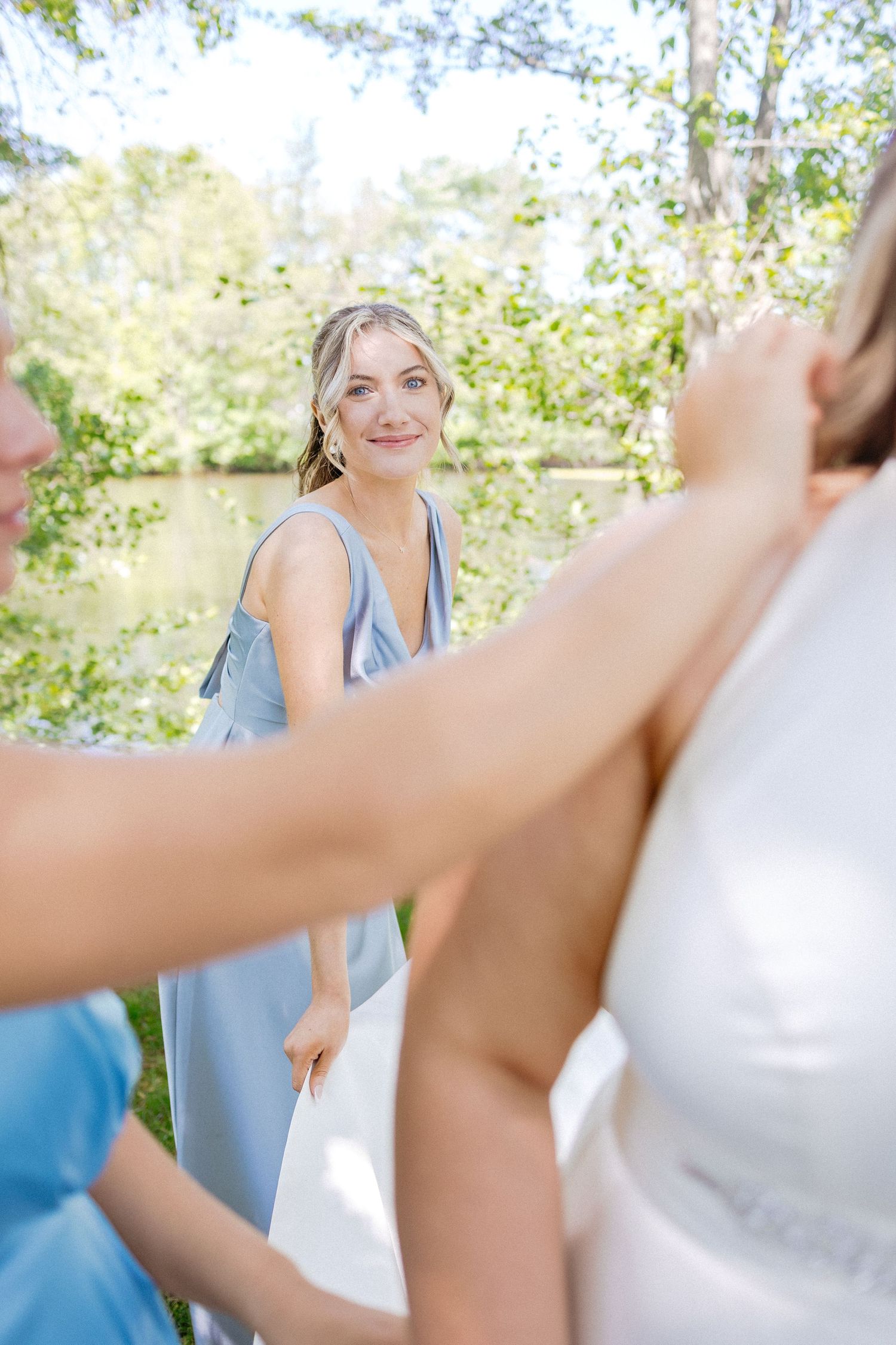Multi-panel photo sequence showing casual conversation between people in a sunny outdoor setting.
