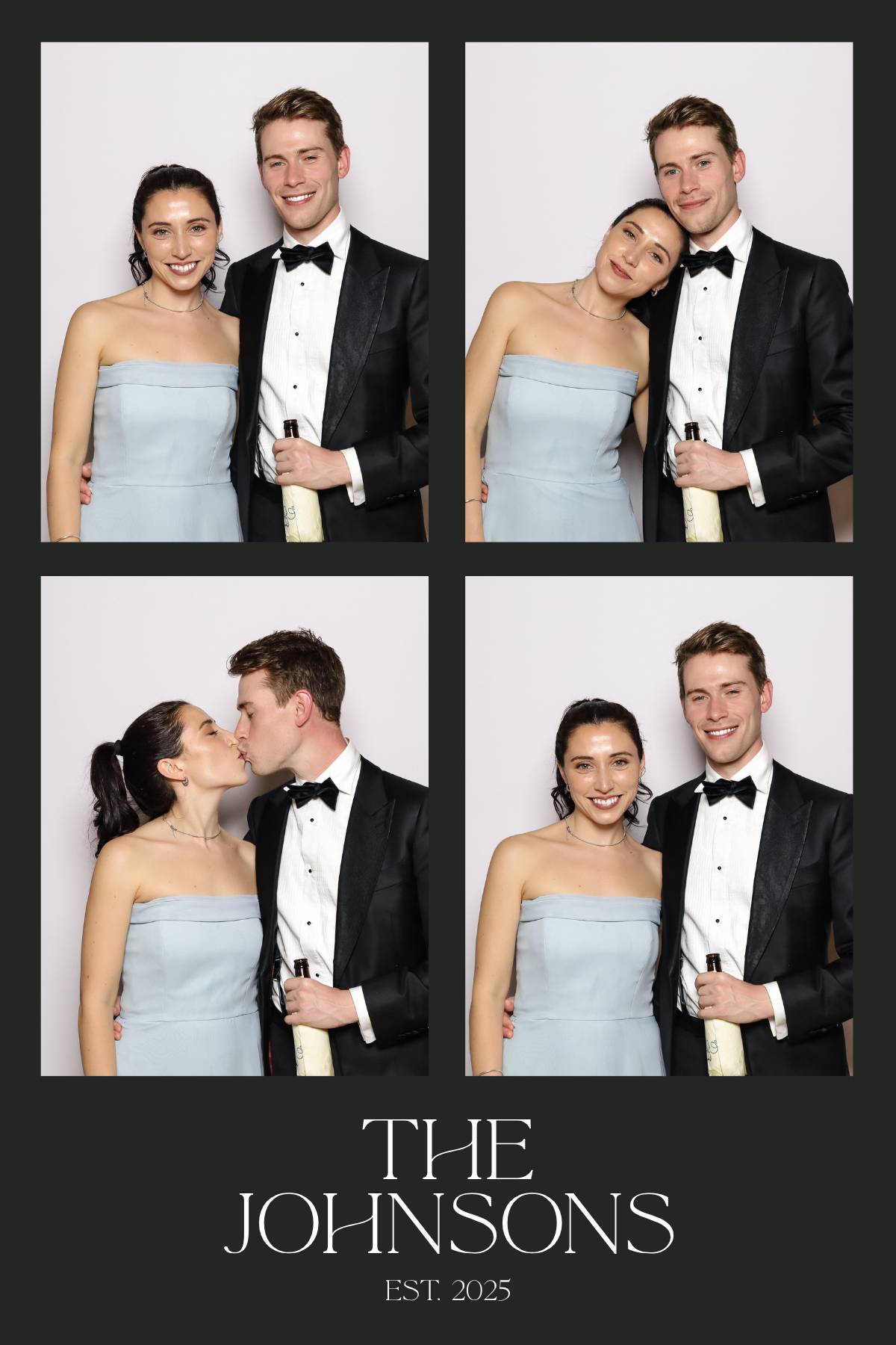 A photostrip of four poses showing a couple in formal attire at their wedding photo booth marked 'The Johnsons'.
