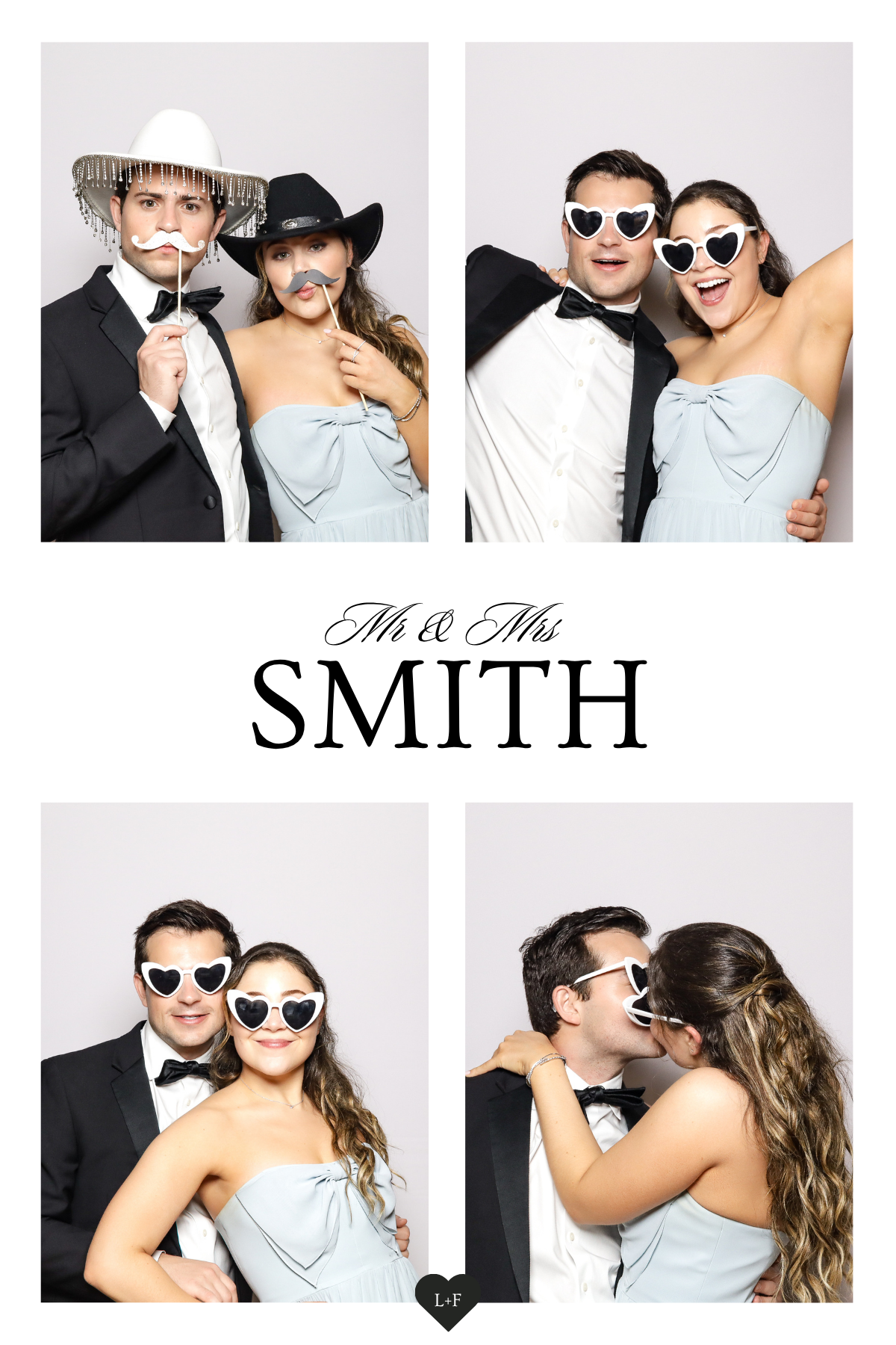 A four-panel photo booth strip showing a couple in formal wear with props and sunglasses labeled 'Mr & Mrs Smith'.