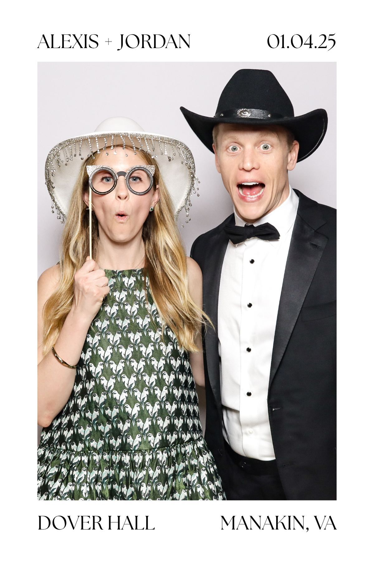 A photo booth image from Dover Hall showing two people in formal wear and hats making surprised expressions.