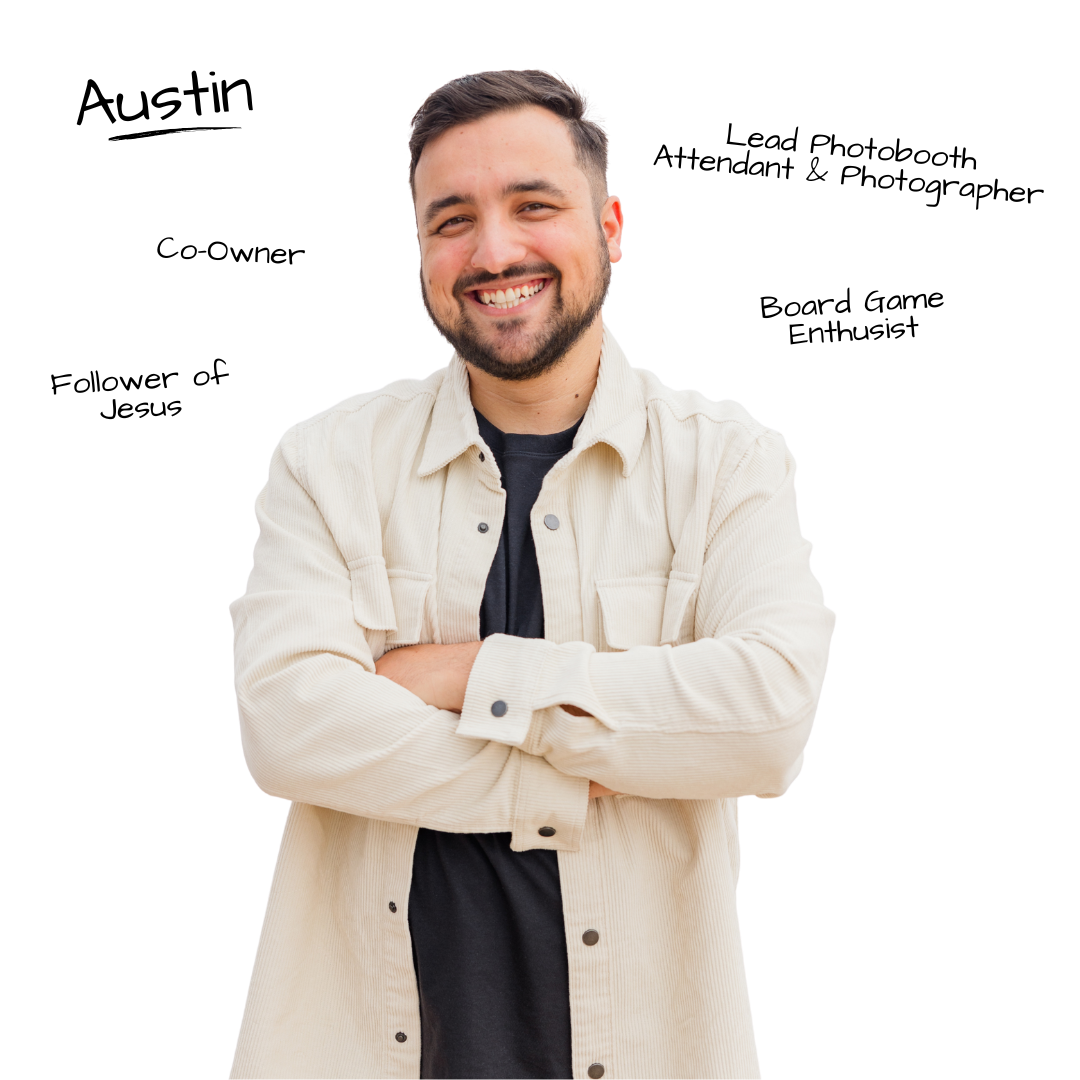 A white collared professional portrait of a content creator shown from different angles and poses against a bright background.