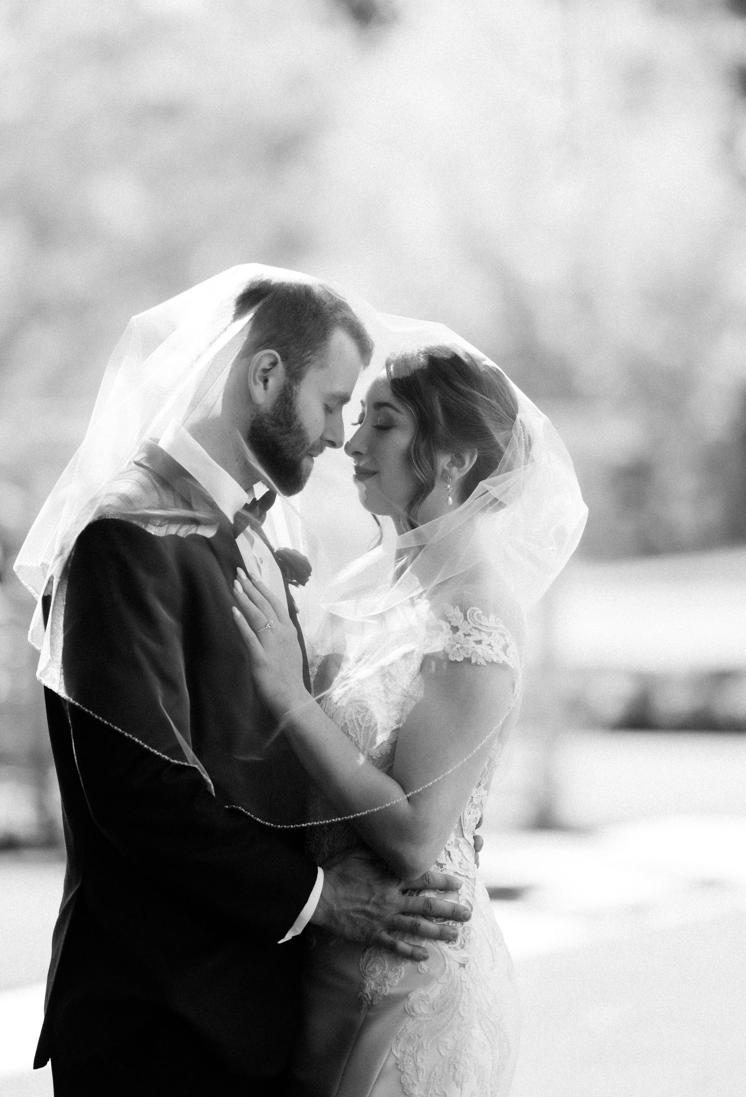 Wedding couple black and white veil photos dreamy new york wedding photographer Mansion at Bald Hill