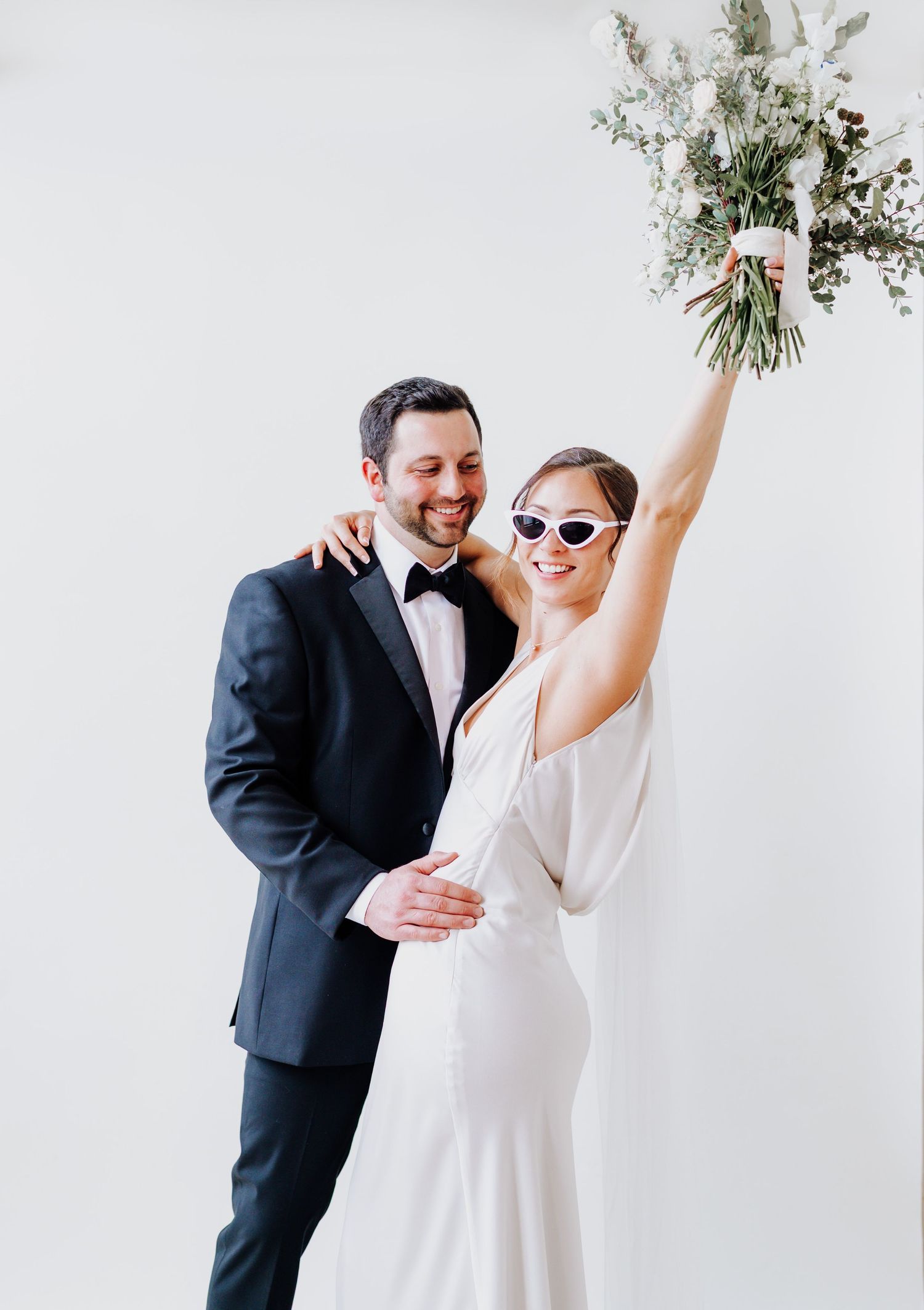 Couple wedding bride and groom minimalist floral bouquet