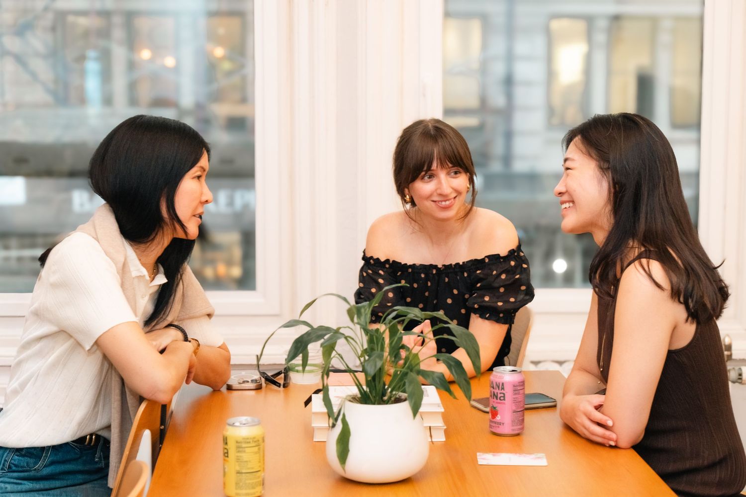 Three women smiling and conversing at a wooden table with a plant centerpiece near bright windows.