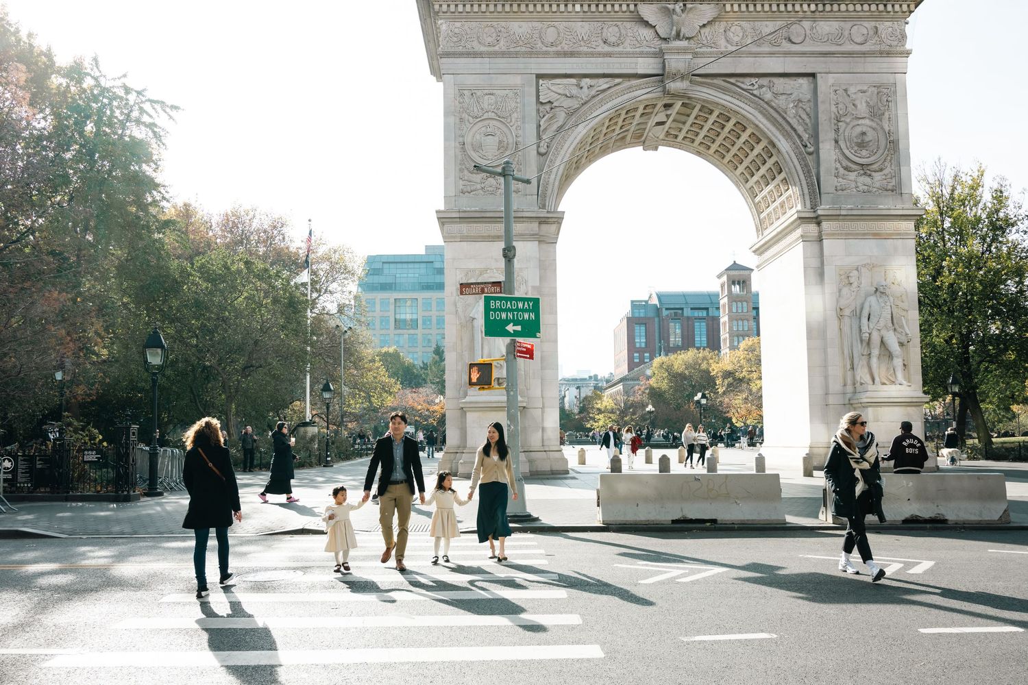 Multiple views of Washington Square Arch in New York City with pedestrians walking past.