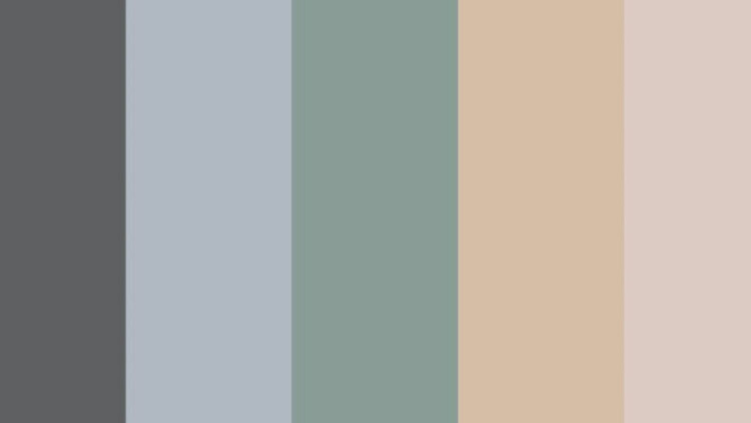 Modern color scheme with cool grays, sage green, and warm beige tones.