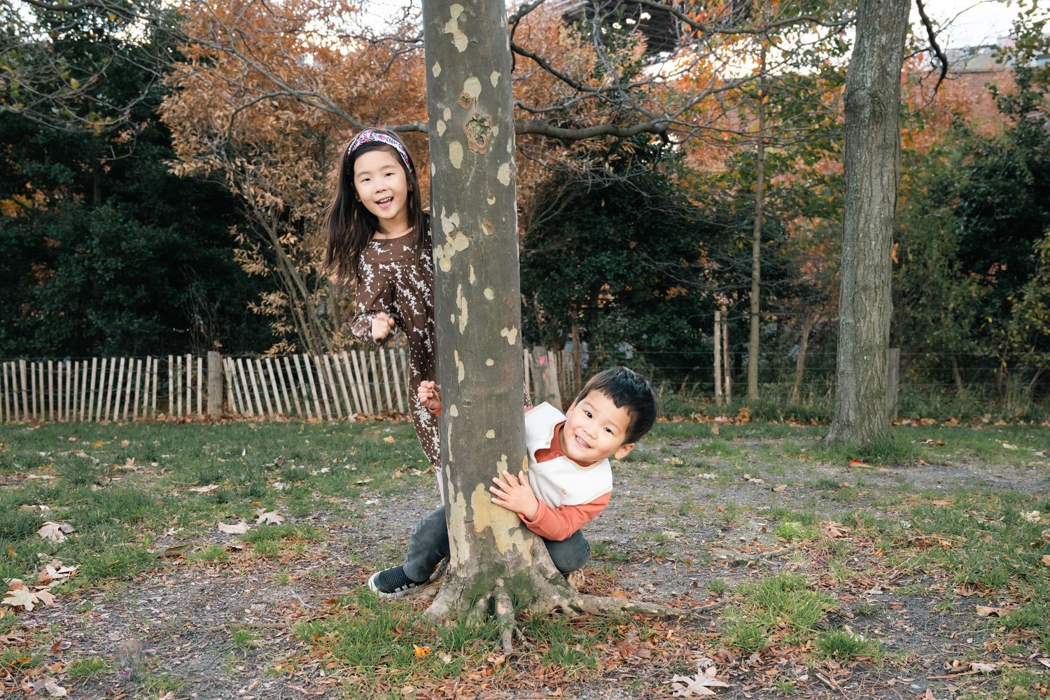 A collection of outdoor autumn scenes with people enjoying activities among fall foliage and trees.